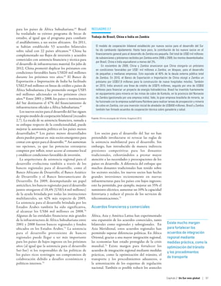 para los países de África Subsahariana.63 Brasil         recuadro 2.7
ha trasladado su exitoso programa de becas de
estudio, al igual que el programa para combatir          Trabajo de Brasil, China e India en Zambia
el analfabetismo, a sus socios africanos. En 2011,
se habían establecido 53 acuerdos bilaterales                El modelo de cooperación bilateral establecido por nuevos socios para el desarrollo del Sur
sobre salud con 22 países africanos.64 China ha              ha ido cambiando rápidamente. Hasta hace poco, la contribución de los nuevos socios en el
complementado sus flujos de inversión y acuerdos             financiamiento general para el desarrollo de Zambia era pequeña. Del total de US$3 mil millones
                                                             de subvenciones y préstamos recibidos por Zambia entre 2006 y 2009, los montos desembolsados
comerciales con asistencia financiera y técnica para
                                                             por Brasil, China e India equivalieron a menos del 3%.
el desarrollo de infraestructura material. En julio de            En noviembre de 2009, China y Zambia anunciaron que China otorgaría un préstamo
2012, China prometió duplicar los préstamos con              en condiciones favorables por US$1 mil millones a Zambia, en bloques, para el desarrollo
condiciones favorables hasta US$20 mil millones              de pequeñas y medianas empresas. Esto equivale al 40% de la deuda externa pública total
durante los próximos tres años.65 El Banco de                de Zambia. En 2010, el Banco de Exportación e Importación de China otorgó a Zambia un
Exportación e Importación de India ha facilitado             préstamo por US$57,8 millones para la construcción de nueve hospitales móviles. También
US$2,9 mil millones en líneas de crédito a países de         en 2010, India anunció una línea de crédito de US$75 millones, seguida por otra de US$50
África Subsahariana y ha prometido otorgar US$5              millones para financiar un proyecto de energía hidroeléctrica. Brasil ha invertido fuertemente
mil millones adicionales en los próximos cinco               en equipamiento para minería en las minas de cobre de Konkola, en la provincia del Noroeste
años.66 Entre 2001 y 2008, los países e instituciones        de Zambia (gestionada por una empresa india). Vale, la gran empresa brasileña de minería, se
del Sur destinaron el 47% del financiamiento de              ha fusionado con la empresa sudafricana Rainbow para realizar tareas de prospección y minería
                                                             de cobre en Zambia, con una inversión inicial de alrededor de US$400 millones. Brasil y Zambia
infraestructuras oficiales a África Subsahariana.67
                                                             también han firmado acuerdos de cooperación técnica sobre ganadería y salud.
   Los nuevos socios para el desarrollo del Sur siguen
su propio modelo de cooperación bilateral (recuadro
                                                         Fuente: Oficina encargada del Informe; Kragelund 2013.
2.7). La escala de su asistencia financiera, sumada a
su enfoque respecto de la condicionalidad, puede
mejorar la autonomía política en los países menos
desarrollados.68 Los países menos desarrollados             Los socios para el desarrollo del Sur no han
ahora pueden pensar en más socios emergentes para        pretendido involucrarse ni revocar las reglas de
contar con apoyo para el desarrollo. 69 Así aumentan     la asistencia multilateral para el desarrollo. Sin
sus opciones, ya que las potencias extranjeras           embargo, han introducido de manera indirecta
compiten por influir, tener acceso al consumo local      presiones competitivas para los donantes
y establecer condiciones favorables de inversión.        tradicionales, exhortándolos a prestar mayor
   La arquitectura de asistencia regional para el        atención a las necesidades y preocupaciones de los
desarrollo evoluciona también a través de los            países en desarrollo. A diferencia del enfoque que
bancos regionales para el desarrollo, como el            muchos donantes tradicionales han tenido sobre
Banco Africano de Desarrollo, el Banco Asiático          los sectores sociales, los nuevos socios han hecho
de Desarrollo y el Banco Interamericano de               grandes inversiones recientemente en nuevas
Desarrollo. En 2009, desempeñando un papel               infraestructuras para los países con bajos ingresos;
anticíclico, los bancos regionales para el desarrollo    esto ha permitido, por ejemplo, mejorar un 35% el
juntos otorgaron el 18,4% (US$3,4 mil millones)          suministro eléctrico, aumentar un 10% la capacidad
de la ayuda brindada por todas las instituciones         ferroviaria y reducir el precio de los servicios de
multilaterales, un 42% más respecto de 2005.             telecomunicaciones.73
La asistencia para el desarrollo brindada por los
Estados Árabes también ha sido significativa,            Acuerdos financieros y comerciales
al alcanzar los US$6 mil millones en 2008. 70
Algunas de las entidades financieras más grandes         África, Asia y América Latina han experimentado
de la infraestructura de África Subsahariana entre       una expansión de los acuerdos comerciales, tanto
2001 y 2008 fueron bancos regionales y fondos            bilaterales como regionales y subregionales. En                   Existe mucho margen
ubicados en los Estados Árabes. 71 La asistencia         Asia Meridional, estos acuerdos regionales han                    para fortalecer los
para el desarrollo proveniente de bancos                 permitido superar diferencias políticas. En África                acuerdos de integración
regionales puede llegar a ser más importante             Oriental, gracias a una mayor integración regional,               regional mediante
para los países de bajos ingresos en los próximos        las economías han estado protegidas de la crisis                  medidas práctica, como la
años (al igual que la asistencia para el desarrollo      mundial. 74 Existe margen para fortalecer los                     optimización del tránsito
Sur-Sur) si los responsables de las políticas de         acuerdos de integración regional mediante medidas
                                                                                                                           y los procedimientos
los países ricos restringen sus compromisos de           prácticas, como la optimización del tránsito, el
                                                                                                                           de transporte
colaboración debido a desafíos económicos y              transporte y los procedimientos aduaneros, o
políticos internos.72                                    la armonización de los esquemas de regulación
                                                         nacional. También es posible reducir los aranceles

                                                                                                                           Capítulo 2  Un Sur más global | 57
 