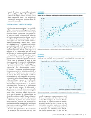 mundo de aviones jet comerciales regionales            FigurA 3.2
  de hasta 120 plazas.25 Las industrias del acero
  y del calzado del país también crecieron bajo el       El valor del IDH actual y los gastos públicos anteriores muestran una correlación positiva...
  ala de la propiedad pública, y su investigación
                                                                 IDH, 2012
  y desarrollo aumentaron las capacidades de
  innovación nacionales.                                         1,0

                                                                 0,9
Priorización de la creación de trabajo
                                                                 0,8
Las políticas pragmáticas dirigidas a la creación de             0,7
trabajos seguros y remunerados pueden fortalecer
el vínculo entre el crecimiento económico y el                   0,6
desarrollo humano. Evidencias de Asia sugieren que               0,5
los países con tasas de crecimiento y de reducción
                                                                 0,4
de la pobreza simultáneamente elevadas también
expandieron rápidamente el empleo. Esto ocurrió en               0,3
Malasia y Tailandia en la década de 1970, en China e
                                                                 0,2
Indonesia en la década de 1980, y en India y Vietnam
en la década de 1990.26 La primera generación de                           6          7            8           9              10        11              12        13          14
economías asiáticas de rápido crecimiento, es decir                                                    Logaritmo de gasto público per cápita en salud y educación, 2000
Hong Kong, China (RAE), la República de Corea,
Singapur y la provincia china de Taiwán, expandió el     Fuente: cálculos realizados por la Oficina encargada del Informe y el Banco Mundial (2012a).

empleo de un 2% a un 6% un año antes de la década
de 1990, a la vez que incrementó la productividad
y los salarios. Estos patrones de crecimiento fueron     FigurA 3.3
generados con frecuencia por la agricultura a
pequeña escala, como en la provincia china de            ...según las tasas actuales de supervivencia infantil y los gastos públicos anteriores en salud
Taiwán, y por la fabricación de mano de obra                       Logaritmo de tasa de mortalidad en menores de 5 años, 2010-2011
intensiva orientada a la exportación en Hong Kong,
                                                                   6
China (RAE), la República de Corea y Singapur.27
   El éxito de algunos países asiáticos, como la
                                                                   5
República de Corea y, posteriormente, Tailandia,
da lecciones a economías menos desarrolladas,
                                                                   4
especialmente en África Subsahariana, debido a
que los primeros lograron una tasa de creación
                                                                   3
de trabajo tres veces más rápida cuando se
encontraban en un nivel comparable de desarrollo.
                                                                   2
Por ejemplo, en los últimos 10 años, la fuerza de
trabajo de África se expandió en 91 millones de
                                                                   1
personas pero sumó solo 37 millones de trabajos
en sectores donde se pagan salarios.28 Con políticas
                                                                   0
gubernamentales dinámicas en subsectores
de mano de obra intensiva de fabricación y                             2                  4              6                8              10                  12          14
agricultura, así como la venta minorista, la                                                                       Logaritmo de gasto público per cápita en salud, 2000
hotelería y la construcción, se proyecta que África
genere hasta 72 millones de trabajos llegado el año      Fuente: cálculos realizados por la Oficina encargada del Informe, basados en datos del Banco Mundial (2012a).

2020; unos 18 millones de trabajo más que los
niveles de crecimiento actuales.29 Estas políticas, no      cuando los países se encuentran en un nivel
obstante, requieren no solo invertir en la educación        de industrialización más bajo. A través del
y la formación de jóvenes, sino también mejorar             análisis del desempeño de Mauricio durante
la infraestructura destinada a la diversificación           dos décadas, un estudio descubrió que durante
económica y eliminar obstáculos para la iniciativa          la primera década (de 1982-1990), el 80% del
empresarial privada, como la falta de financiación y        crecimiento económico anual representaba el
las regulaciones onerosas.30                                nuevo empleo y la acumulación de capital. 31
•	 Mauricio. Las posibilidades de crecimiento               El desempleo cayó del 20% a menos del 3%,
   de mano de obra intensiva son más altas                  y el trabajo aumentó un 5,2% por año. El

                                                                                                 Capítulo 3  Impulsores de una transformación en el desarrollo                     | 71
 