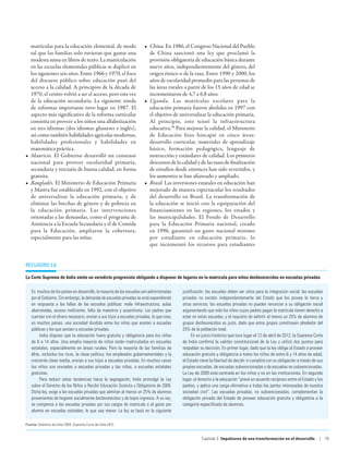 matrículas para la educación elemental, de modo                     •	 China. En 1986, el Congreso Nacional del Pueblo
   tal que las familias solo tuvieran que gastar una                      de China sancionó una ley que proclamó la
   modesta suma en libros de texto. La matriculación                      provisión obligatoria de educación básica durante
   en las escuelas elementales públicas se duplicó en                     nueve años, independientemente del género, del
   los siguientes seis años. Entre 1966 y 1970, el foco                   origen étnico o de la raza. Entre 1990 y 2000, los
   del discurso público sobre educación pasó del                          años de escolaridad promedio para las personas de
   acceso a la calidad. A principios de la década de                      las áreas rurales a partir de los 15 años de edad se
   1970, el centro volvió a ser el acceso, pero esta vez                  incrementaron de 4,7 a 6,8 años.
   de la educación secundaria. La siguiente ronda                      •	 Uganda. Las matrículas escolares para la
   de reformas importante tuvo lugar en 1987. El                          educación primaria fueron abolidas en 1997 con
   aspecto más significativo de la reforma curricular                     el objetivo de universalizar la educación primaria.
   consistía en proveer a los niños una alfabetización                    Al principio, esto tensó la infraestructura
   en tres idiomas (dos idiomas ghaneses e inglés),                       educativa.98 Para mejorar la calidad, el Ministerio
   así como también habilidades agrícolas modernas,                       de Educación hizo hincapié en cinco áreas:
   habilidades profesionales y habilidades en                             desarrollo curricular, materiales de aprendizaje
   matemática práctica.                                                   básico, formación pedagógica, lenguaje de
•	 Mauricio. El Gobierno desarrolló un consenso                           instrucción y estándares de calidad. Los primeros
   nacional para proveer escolaridad primaria,                            descensos de la calidad y de las tasas de finalización
   secundaria y terciaria de buena calidad, en forma                      de estudios desde entonces han sido revertidos, y
   gratuita.                                                              los aumentos se han afianzado y ampliado.
•	 Bangladés. El Ministerio de Educación Primaria                      •	 Brasil. Las inversiones estatales en educación han
   y Masiva fue establecido en 1992, con el objetivo                      mejorado de manera espectacular los resultados
   de universalizar la educación primaria, y de                           del desarrollo en Brasil. La transformación de
   eliminar las brechas de género y de pobreza en                         la educación se inició con la equiparación del
   la educación primaria. Las intervenciones                              financiamiento en las regiones, los estados y
   orientadas a las demandas, como el programa de                         las municipalidades. El Fondo de Desarrollo
   Asistencia a la Escuela Secundaria y el de Comida                      para la Educación Primaria nacional, creado
   para la Educación, ampliaron la cobertura,                             en 1996, garantizó un gasto nacional mínimo
   especialmente para las niñas.                                          por estudiante en educación primaria, lo
                                                                          que incrementó los recursos para estudiantes


Recuadro 3.6

La Corte Suprema de India emite un veredicto progresista obligando a disponer de lugares en la matrícula para niños desfavorecidos en escuelas privadas

   En muchos de los países en desarrollo, la mayoría de las escuelas son administradas     justificación: las escuelas deben ser sitios para la integración social; las escuelas
   por el Gobierno. Sin embargo, la demanda de escuelas privadas se está expandiendo       privadas no existen independientemente del Estado que les provee la tierra y
   en respuesta a las fallas de las escuelas públicas: mala infraestructura, aulas         otros servicios; las escuelas privadas no pueden renunciar a su obligación social
   abarrotadas, acceso ineficiente, falta de maestros y ausentismo. Los padres que         argumentando que solo los niños cuyos padres pagan la matrícula tienen derecho a
   cuentan con el dinero necesario, envían a sus hijos a escuelas privadas, lo que crea,   estar en estas escuelas; y el requisito de admitir al menos un 25% de alumnos de
   en muchos países, una sociedad dividida entre los niños que asisten a escuelas          grupos desfavorecidos es justo, dado que estos grupos constituyen alrededor del
   públicas y los que asisten a escuelas privadas.                                         25% de la población total.
        India dispuso que la educación fuera gratuita y obligatoria para los niños               En un juicio histórico que tuvo lugar el 12 de abril de 2012, la Suprema Corte
   de 6 a 14 años. Una amplia mayoría de niños están matriculados en escuelas              de India confirmó la validez constitucional de la Ley y utilizó dos puntos para
   estatales, especialmente en áreas rurales. Pero la mayoría de las familias de           respaldar su decisión. En primer lugar, dado que la ley obliga al Estado a proveer
   élite, incluidos los ricos, la clase política, los empleados gubernamentales y la       educación gratuita y obligatoria a todos los niños de entre 6 y 14 años de edad,
   creciente clase media, envían a sus hijos a escuelas privadas. En muchos casos          el Estado tiene la libertad de decidir si cumplirá con su obligación a través de sus
   los niños son enviados a escuelas privadas y las niñas, a escuelas estatales            propias escuelas, de escuelas subvencionadas o de escuelas no subvencionadas.
   gratuitas.                                                                              La Ley de 2009 está centrada en los niños y no en las instituciones. En segundo
        Para reducir estas tendencias hacia la segregación, India promulgó la Ley          lugar, el derecho a la educación “prevé un acuerdo recíproco entre el Estado y los
   sobre el Derecho de los Niños a Recibir Educación Gratuita y Obligatoria de 2009.       padres, y aplica una carga afirmativa a todas las partes interesadas de nuestra
   Dicha ley, exige a las escuelas privadas que admitan al menos un 25% de alumnos         sociedad civil”. Las escuelas privadas, no subvencionadas, complementan la
   provenientes de hogares socialmente desfavorecidos y de bajos ingresos. A su vez,       obligación privada del Estado de proveer educación gratuita y obligatoria a la
   se compensa a las escuelas privadas por sus cargos de matrícula o el gasto por          categoría especificada de alumnos.
   alumno en escuelas estatales; lo que sea menor. La ley se basó en la siguiente

Fuente: Gobierno de India 2009; Suprema Corte de India 2012.


                                                                                                      Capítulo 3  Impulsores de una transformación en el desarrollo           | 79
 