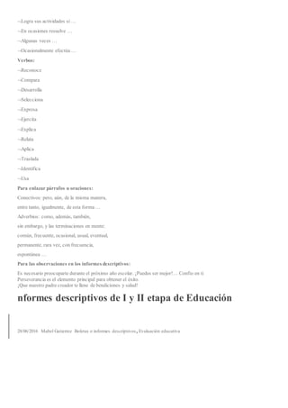 Logra sus actividades si …
En ocasiones resuelve …
Algunas veces …
Ocasionalmente efectúa …
Verbos:
Reconoce
Compara
Desarrolla
Selecciona
Expresa
Ejercita
Explica
Relata
Aplica
Traslada
Identifica
Usa
Para enlazar párrafos u oraciones:
Conectivos: pero, aún, de la misma manera,
entre tanto, igualmente, de esta forma …
Adverbios: como, además, también,
sin embargo, y las terminaciones en mente:
común, frecuente, ocasional, usual, eventual,
permanente, rara vez, con frecuencia,
espontánea …
Para las observaciones en los informes descriptivos:
Es necesario preocuparte durante el próximo año escolar. ¡Puedes ser mejor!… Confío en ti
Perseverancia es el elemento principal para obtener el éxito.
¡Que nuestro padre creador te llene de bendiciones y salud!
nformes descriptivos de I y II etapa de Educación
28/06/2016 Mabel Gutierrez Boletas o informes descriptivos, Evaluación educativa
 
