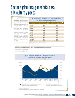 19
Estadísticas de los principales sectores económicos financiados por el Sistema Bancario
Sectoragricultura,ganadería,caza,
silviculturaypesca
Definición: De acuerdo al CIIU
revisión 3, incluye la siembra
y cosecha de todo tipo de
especies vegetales para el
aprovechamiento de sus
frutos, semillas, tallos, hojas
y/o raíces, a la explotación
de cualquier tipo de especie
animal, sea este terrestre o
acuático, la caza de animales,
así como la siembra y
explotación de cualquier
especie forestal. Este sector
se caracteriza por requerir
grandes cantidades de mano
de obra.
Años Crecimiento real (%) Participación (%) en PIB
2006 1.3 13.6
2007 5.9 13.5
2008 0.9 13.2
2009 3.8 13.6
2010 -0.2 13.2
2011 5.0 13.3
2012 4.9 13.6
2013 4.7 13.7
2014 p/ 3.7 13.6
2015 py/ 4.0 13.7
p/ Cifras preliminares - py/ Cifras proyectadas
Fuente: Banco de Guatemala.
Superintendencia de Bancos, Área de Análisis Económico y Financiero.
Comercio agricultura, ganadería, caza, silvicultura y pesca, crecimiento real
Primer trimestre 2014 = 3.6%
Primer trimestre 2015 = 4.7%
Sector agricultura, ganadería, caza, silvicultura y pesca
PIB trimestral nominal y cartera de créditos
Variación interanual (%)
-20.0
-10.0
0.0
10.0
20.0
30.0
40.0
0.0
2.0
4.0
6.0
8.0
10.0
12.0
I II III IV I II III IV I II III IV I II III IV I II III IV I II III IV I II III IV I
2008 2009 2010 2011 2012 2013 2014
2015
Porcentaje
Porcentaje
PIB trimestral nominal desastacionalizado
variación interanual (eje izquierdo)
Variación interanual cartera de
créditos agricultura (eje derecho)
Fuente: Banco de Guatemala.
Superintendencia de Bancos, Área de Análisis Económico y Financiero.
Sector agricultura, ganadería, caza, silvicultura y pesca
PIB anual y participación porcentual
INFORME 91-2016
 
