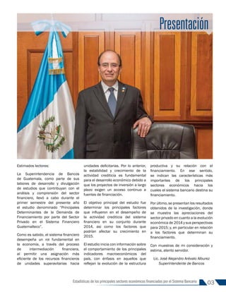 03
Estadísticas de los principales sectores económicos financiados por el Sistema Bancario
Estimados lectores:
La Superintendencia de Bancos
de Guatemala, como parte de sus
labores de desarrollo y divulgación
de estudios que contribuyan con el
análisis y comprensión del sector
financiero, llevó a cabo durante el
primer semestre del presente año
el estudio denominado “Principales
Determinantes de la Demanda de
Financiamiento por parte del Sector
Privado en el Sistema Financiero
Guatemalteco”.
Como es sabido, el sistema financiero
desempeña un rol fundamental en
la economía, a través del proceso
de intermediación financiera,
al permitir una asignación más
eficiente de los recursos financieros
de unidades superavitarias hacia
unidades deficitarias. Por lo anterior,
la estabilidad y crecimiento de la
actividad crediticia es fundamental
para el desarrollo económico debido a
que los proyectos de inversión a largo
plazo exigen un acceso continuo a
fuentes de financiación.
El objetivo principal del estudio fue
determinar los principales factores
que influyeron en el desempeño de
la actividad crediticia del sistema
financiero en su conjunto durante
2014, asi como los factores que
podrían afectar su crecimiento en
2015.
El estudio inicia con información sobre
el comportamiento de los principales
indicadores macroeconómicos del
país, con énfasis en aquellos que
reflejan la evolución de la estructura
productiva y su relación con el
financiamiento. En ese sentido,
se indican las características más
importantes de los principales
sectores económicos hacia los
cuales el sistema bancario destina su
financiamiento.
Por último, se presentan los resultados
obtenidos de la investigación, donde
se muestra las apreciaciones del
sector privado en cuanto a la evolución
económica de 2014 y sus perspectivas
para 2015; y, en particular en relación
a los factores que determinan su
financiamiento.
Con muestras de mi consideración y
estima, atento servidor.
Lic. José Alejandro Arévalo Alburez
Superintendente de Bancos
Presentación
INFORME 91-2016
 