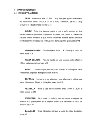 DATOS LOGÍSTICOS4
INSUMO Y CANTIDAD4.1
DRILL 1rollo tiene 30m x 1.50m Hay tres tipos y para una docena
de producción entra: GRANDE (1.50 x 1.50). MEDIANO (1.20 x 1.50).
CHICO (1 x 1.50) El metro cuesta s/.15
MOLDE Entra dos tipos de molde el que el señor compra en lima
con los modelos que quiere preparar es en papel, que cuesta s/.10 el molde
y el otro tipo de molde es el que tiene q sacarlo en material de lata para que
pueda sacar los moldes para cortar, partes de la zapatilla que cuesta s/.15
FORRO POLINAN En una docena entra (1 x 1.50m) y el costo del
metro es de s/.8
FALSA SELASTI Para la planta, en una docena entra (40cm x
1.50m) y el costo del metro es s/10
MICRO Lo compra por plancha y una plancha lo utiliza para hacer
10 docenas. El precio de la plancha es de s/.10
ESPONJA Lo compra por plancha y una plancha lo utiliza para
hacer 10 docenas. El precio de la plancha es de s/.10
PLANTILLA Para el uso de una docena entra (40cm x 1.50m) el
metro cuesta s/.8.50
ETIQUETAS Se compra por millar y esta se manda a preparar de
acuerdo a lo quiere poner en la etiqueta y color que se desee, el costo del
millar es de s/.70
OJALILLOS Entra 16 ojalillos por par y costo del millar de ojalillos
es de s/6
 