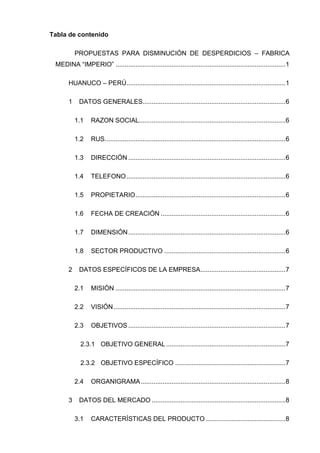 Tabla de contenido
PROPUESTAS PARA DISMINUCIÓN DE DESPERDICIOS – FABRICA
MEDINA “IMPERIO” ..............................................................................................1
HUANUCO – PERÚ........................................................................................1
DATOS GENERALES...............................................................................61
RAZON SOCIAL.................................................................................61.1
RUS....................................................................................................61.2
DIRECCIÓN .......................................................................................61.3
TELEFONO........................................................................................61.4
PROPIETARIO...................................................................................61.5
FECHA DE CREACIÓN .....................................................................61.6
DIMENSIÓN.......................................................................................61.7
SECTOR PRODUCTIVO ...................................................................61.8
DATOS ESPECÍFICOS DE LA EMPRESA...............................................72
MISIÓN ..............................................................................................72.1
VISIÓN...............................................................................................72.2
OBJETIVOS .......................................................................................72.3
2.3.1 OBJETIVO GENERAL ..................................................................7
2.3.2 OBJETIVO ESPECÍFICO .............................................................7
ORGANIGRAMA................................................................................82.4
DATOS DEL MERCADO ..........................................................................83
CARACTERÍSTICAS DEL PRODUCTO ............................................83.1
 