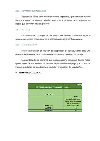 8.1.6 MOVIMIENTOS INNECESARIOS
Realizar los cortes tanto de la falsa como la plantilla, que se hacen durante
las operaciones, que estos se deberían realizar en el momento de corte junto a las
piezas que se cortan para el aparado.
8.1.7 DEFECTOS
Principalmente ocurre por el mal diseño del modelo a fabricarse o en el
proceso del armado por un error en la aplicación del pegamento en exceso.
8.1.8 TALENTO HUMANO
Los operarios están en rotación de sus puestos de trabajo, siendo cada uno
de estos diestros para cada operación que requiere en momento de trabajo.
Los cambios de los operarios que realiza en cierto periodo de tiempo hacen
que el diseño de sus modelos de zapatilla se pierde en el tiempo ya que no hay un
instructivo estable, para no tener ese perdido y originalidad de sus diseños.
TIEMPO ESTANADAR.9
ESTACIONES DE TRABAJO
Tiempo
s (hr)
CORTADO 1
APARADO
Esta
operación se hace
fuera de la empresa
por lo cual entra
como un costo
ARMADO 4
ACABADO 0.5
 