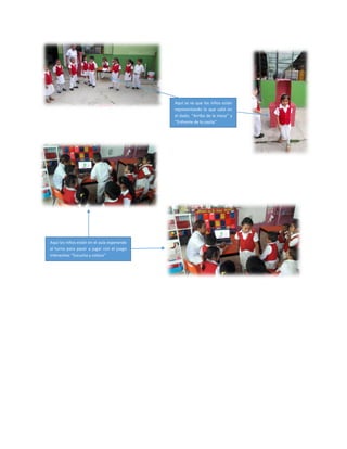 Aquí se ve que los niños están
representando lo que salió en
el dado, ‘’Arriba de la mesa’’ y
‘’Enfrente de la casita’’
Aquí los niños están en el aula esperando
el turno para pasar a jugar con el juego
interactivo ‘’Escucha y coloca’’
 