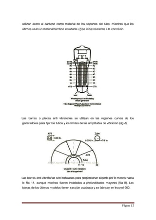 Página 12
utilizan acero al carbono como material de los soportes del tubo, mientras que los
últimos usan un material ferrítico inoxidable (type 405) resistente a la corrosión.
Las barras o placas anti vibratorias se utilizan en las regiones curvas de los
generadores para fijar los tubos y los límites de las amplitudes de vibración (fig.4).
Las barras anti vibratorias son instaladas para proporcionar soporte por lo menos hasta
la fila 11, aunque muchas fueron instaladas a profundidades mayores (fila 8). Las
barras de los últimos modelos tienen sección cuadrada y se fabrican en Inconel 600.
 
