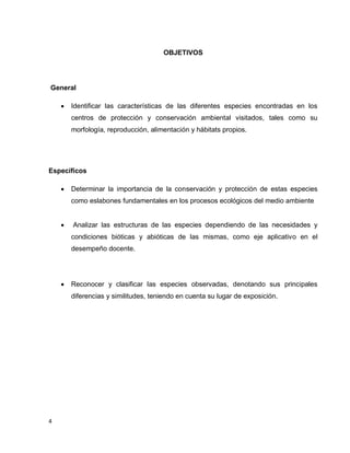 4
OBJETIVOS
General
 Identificar las características de las diferentes especies encontradas en los
centros de protección y conservación ambiental visitados, tales como su
morfología, reproducción, alimentación y hábitats propios.
Específicos
 Determinar la importancia de la conservación y protección de estas especies
como eslabones fundamentales en los procesos ecológicos del medio ambiente
 Analizar las estructuras de las especies dependiendo de las necesidades y
condiciones bióticas y abióticas de las mismas, como eje aplicativo en el
desempeño docente.
 Reconocer y clasificar las especies observadas, denotando sus principales
diferencias y similitudes, teniendo en cuenta su lugar de exposición.
 