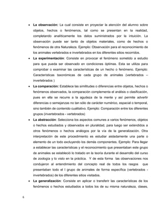 6
 La observación: La cual consiste en proyectar la atención del alumno sobre
objetos, hechos o fenómenos, tal como se presentan en la realidad,
completando analíticamente los datos suministrados por la intuición. La
observación puede ser tanto de objetos materiales, como de hechos o
fenómenos de otra Naturaleza. Ejemplo: Observación para el reconocimiento de
los animales vertebrados e invertebrados en los diferentes sitios recorridos.
 La experimentación: Consiste en provocar el fenómeno sometido a estudio
para que pueda ser observado en condiciones óptimas. Esta se utiliza para
comprobar o examinar las características de un hecho o fenómeno. Ejemplo:
Características taxonómicas de cada grupo de animales (vertebrados –
invertebrados )
 La comparación: Establece las similitudes o diferencias entre objetos, hechos o
fenómenos observados, la comparación complementa el análisis o clasificación,
pues en ella se recurre a la agudeza de la mente y así permite advertir
diferencias o semejanzas no tan sólo de carácter numérico, espacial o temporal,
sino también de contenido cualitativo. Ejemplo: Comparación entre los diferentes
grupos (invertebrados - vertebrados)
 La abstracción: Selecciona los aspectos comunes a varios fenómenos, objetos
o hechos estudiados y observados en pluralidad, para luego ser extendidos a
otros fenómenos o hechos análogos por la vía de la generalización. Otra
interpretación de este procedimiento es estudiar aisladamente una parte o
elemento de un todo excluyendo los demás componentes. Ejemplo: Para llegar
a establecer las características y el reconocimiento que presentaban este grupo
de animales se estableció lo tratado en la teoría durante el desarrollo del curso
de zoología y lo visto en la práctica. Y de esta forma las observaciones nos
condujeron al entendimiento del concepto real de todos los rasgos que
presentaban todo el l grupo de animales de forma específica (vertebrados -
invertebrados) de los diferentes sitios visitados.
 La generalización: Consiste en aplicar o transferir las características de los
fenómenos o hechos estudiados a todos los de su misma naturaleza, clases,
 