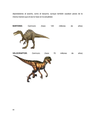 84
depredadores al acecho, como el baryonix, aunque también cazaban peces de la
misma manera que el oso lo hace en la actualidad.
BARYONIX: Carnívoro (hace 125 millones de años)
VELOCIRAPTOR: Carnívoro (hace 70 millones de años)
 