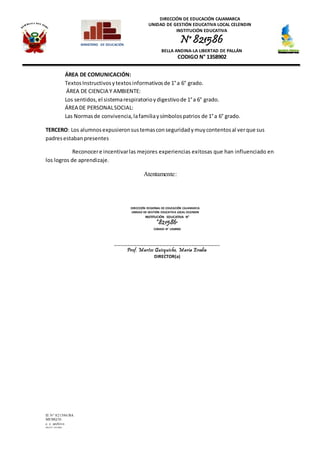 DIRECCIÓN DE EDUCACIÓN CAJAMARCA
UNIDAD DE GESTIÓN EDUCATIVA LOCAL CELENDIN
INSTITUCIÓN EDUCATIVA
N° 821586
BELLA ANDINA-LA LIBERTAD DE PALLÁN
CODIGO N° 1358902
IE N° 821586/BA
MEMQ/D.
c. c. archivo
PRAINT JOLMER
MINISTERIO DE EDUCACIÓN
ÁREA DE COMUNICACIÓN:
TextosInstructivosytextosinformativosde 1°a 6° grado.
ÁREA DE CIENCIA Y AMBIENTE:
Los sentidos, el sistemarespiratorioydigestivode 1°a 6° grado.
ÁREA DE PERSONALSOCIAL:
Las Normasde convivencia,lafamiliaysímbolospatrios de 1°a 6° grado.
TERCERO: Los alumnosexpusieronsustemasconseguridadymuycontentosal verque sus
padresestabanpresentes
Reconocere incentivarlas mejores experiencias exitosas que han influenciado en
los logros de aprendizaje.
Atentamente:
DIRECCIÓN REGIONAL DE EDUCACIÓN CAJAMARCA
UNIDAD DE GESTIÓN EDUCATIVA LOCAL CELENDIN
INSTITUCIÓN EDUCATIVA N°
“821586”
CODIGO N° 1358902
……………………………………………………………………………………..
Prof. Martos Quisquiche, María Eredia
DIRECTOR(a)
 