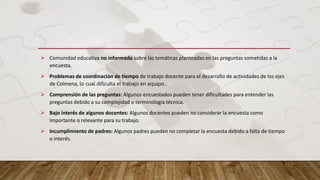  Comunidad educativa no informada sobre las temáticas planteadas en las preguntas sometidas a la
encuesta.
 Problemas de coordinación de tiempo de trabajo docente para el desarrollo de actividades de los ejes
de Colmena, lo cual dificulta el trabajo en equipo..
 Comprensión de las preguntas: Algunos encuestados pueden tener dificultades para entender las
preguntas debido a su complejidad o terminología técnica.
 Bajo interés de algunos docentes: Algunos docentes pueden no considerar la encuesta como
importante o relevante para su trabajo.
 Incumplimiento de padres: Algunos padres pueden no completar la encuesta debido a falta de tiempo
o interés.
 
