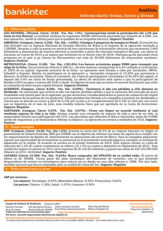 Análisis
                                                                                       Informe diario: bolsas, bonos y divisas


 2.- Bolsa española
GAS NATURAL: (Neutral, Cierre: 13,6€; Var. Día: +1%):- CatalunyaCaixa vende la participación del 1,4% que
tenía en Gas Natural. La entidad catalana ha ingresado 182M€ obteniendo plusvalías por importe de 4,5M€, con
esta operación, vende la última parte que le quedaba de la compañía eléctrica. Impacto: Positivo
ABENGOA: (Comprar, Cierre: 2,32€; Var. Día: -1,69%):-Consigue 3 proyectos de energía en Brasil. El acuerdo ha
sido firmado con La Agencia Nacional de Energía Eléctrica de Brasil y el importe de la operación asciende a
1.000M€, llevarán a cabo la puesta en servicio de tres concesiones de transmisión eléctrica que recorrerán 2.400
kilómetros y abastecerán de manera eficiente y sostenible a parte del consumo energético del país. Las obras se
iniciarán en marzo de 2013 y se espera que terminen en el mismo mes de 2016. Abengoa ya ha ejecutado otros
proyectos en el país y ya cuenta en Iberoamérica con más de 20.000 kilómetros de transmisión similares.
Impacto: Positivo
METROVACESA: (Cierre: 2,18€; Var. Día: +162,6%):-Los bancos accionistas pagan 99M€ para conseguir que
salga de la bolsa. Sus accionistas ofrecen 2,28€ acc., de esta manera conseguirían el 4,4% cotizado y controlarían
el 100% de su capital, logrando excluirla de la bolsa. La operación será llevada a cabo por Santander, BBVA,
Sabadell y Popular. Bankia no participará en la operación y Santander comprará el 12,26% que pertenecía a
Banesto, el último accionista. Hasta el momento, los 4 bancos participantes controlaban el 64,26% del capital, el
reparto del 4,4% ser haría de forma prorrateada. La oferta de exclusión está sujeta a que la participación de
Bankia (19%) no pase a manos del Frob o Sareb. El objetivo de esta opa es evitar la enorme fluctuación que sufre
la cotización al tener escaso capital flotante. Impacto: Positivo
ACERINOX: (Comprar, Cierre: 8,56€; Var. Día: -0,59%)-. Terminará el año con pérdidas y sólo abonará un
dividendo. Ha anunciado que cerrará el año con ligeras pérdidas debido a que la situación del mercado de acero
inoxidable está siendo peor de lo esperado, ya que aumentan considerablemente el precio de cotización del niquel
y el aumento de los precios de los productos. Estas pérdidas han llevado a la compañía a sustituir los dividendos a
cuenta que se abonan en enero y abril de 0,10€ por acción y el complementario de 0,15€ en julio por uno único
que se repartiría en el mes de julio, esta medida todavía tiene que ser aprobada en la Junta de Accionístas.
Impacto: Negativo
SANTADER: (Comprar, Cierre: 5,97€; Var. Día: -0,67%)-. Firma con Aegon un acuerdo mediante el cual
venderán seguros de vida y no vida. Ambas crearán una compañía de seguros de vida y otra de no vida, la
aseguradora tendrá una participación del 51%. Las plusvalías que obtendrá el Banco Santander serán de 410M€
(antes de impuestos) y se destinarán a reforzar su balance. La operación se cerrará a mediados de 2013. Impacto:
Positivo
 3.- Bolsa europea
BNP (Comprar; Cierre: 44,56; Var. Día 1,6%) Acuerda la venta del 95.2% de su negocio bancario en Egipto al
prestamista de Dubaití Emirates NBD por 500M$ con el objetivo de reforzar sus bases de capital de a cumplir con
los requerimientos de Basilea III, desinvirtiendo en operaciones del norte de África. Para la compañía adquirente
supone una oportunidad de incrementar su presencia en el prometedor mercado egipcio y consiguir su estragia de
expansión en la región. El acuerdo se cerrara en el primer trimestre de 2013. Esto supone vender su cuota de
mercado del 1,4% en cuanto a préstamos se refiere y el 1.5% en cuanto a depósitos en Septiembre de 2012. Esta
unidad de negocio le generó en 2011 unos ingresos de ($ 118,50 millones) y ganancias netas de 222 (35.990.000
dólares) en 2011. Actividad: Impacto: Positivo
LAFARGE (Cierre: 47,96€; Var. Día: -0,24%): Busca comprador del 20%/25% de su unidad india. El precio de
oferta es de 300M$. Forma parte del plan estratégico del fabricante de cemento, con el que pretende
desprenderse de activos no estratégicos para reducir así su deuda en una cifra inferior a 10M€. Por otro lado,
también anunció que busca comprador para su unidad de Corea del Sur. Impacto: Negativo
 4.- Bolsa americana y otras

S&P por sectores.-
      Los mejores: Tecnología -0,35%; Materiales Básicos -0,35%; Financieras -0,62%.
      Los peores: Telecos -1,18%; Salud: -1,07%; Consumo -0,93%.




 Equipo de Análisis de Bankinter (Sujetos al RIC)                                                             http://broker.bankinter.com/
 Ramón Forcada        Eva del Barrio Arranz Jesús Amador Castrillo         Pilar Aranda Barrio                  http://www.bankinter.com/
 Ana de Castro        Beatriz Martín Bobillo Ana Achau (Asesoramiento) Rebeca Delgado Gil                      Paseo de la Castellana, 29
 Todos los informes los encontrarás aquí:       https://broker.bankinter.com/www/es-es/cgi/broker+asesoramiento              28046 Madrid
 Por favor, consulte importantes advertencias legales en:
 http://broker.bankinter.com/www/es-es/cgi/broker+binarios?secc=NRAP&subs=NRAP&nombre=disclaimer.pdf
 * Si desea acceder directamente al disclaimer seleccione sobre el link la opción
                                                                                "open weblink in Browser" con el botón derecho del su ratón.
 