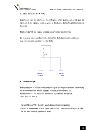 “ANÁLISIS SÍSMICO APROXIMADO DE EDIFICIOS”
16
a.- altura estándar del PI (Y0h)
Suponiendo que las alturas de los entrepisos eran iguales, así como que las
rigideces de las vigas no variaban y que la distribución de las fuerzas laterales era
triangular.
El cálculo de” Y0 “se efectúa en cada eje vertical de las columnas.
Es necesario saber cuántos niveles tiene el eje de la columna en análisis, en
que entrepiso está ubicada y el valor de K.
b.- corrección “y1”
Esta corrección se realiza solo cuando las vigas que llegan al extremo superior (A)
de la columna tienen distinta rigidez a flexión que las inferiores (B).
Para calcular” Y1 “es necesario determinar el parámetro de “α1 “y k.
- Si 1 α=1 => Y1 = 0
- Para el 10 piso “Y1 = 0”, salvo que la base este semiempotrada
- Si α1 > 1, se ingresa a la tabla con la inversa de α1 y se cambia de signo al valor
“Y1”, es decir, el PI se corre hacia abajo.
 