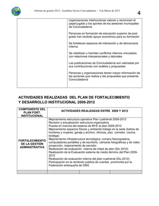 Informe de gestión 2012– Asamblea Socios Conciudadanía – 9 de Marzo de 2013
4
organizaciones interlocutoras valoran y reconocen el
papel jugado y los aportes de los asesores municipales
de Conciudadanía
Personas en formación de educación superior de post
grado han recibido apoyo económico para su formación
Se fortalecen espacios de interacción y de democracia
interna.
Se visibilizan y tramitan conflictos internos vinculados
con relaciones interpersonales y laborales
Las publicaciones de Conciudadanía son valoradas por
sus contribuciones con análisis y propuestas
Personas y organizaciones tienen mayor información de
las acciones que realiza y las propuestas que presenta
Conciudadanía
ACTIVIDADES REALIZADAS DEL PLAN DE FORTALECIMIENTO
Y DESARROLLO INSTITUCIONAL 2009-2012
COMPONENTE DEL
PLAN FORT.
INSTITUCIONAL
ACTIVIDADES REALIZADAS ENTRE 2009 Y 2012
FORTALECIMIENTO
DE LA GESTIÓN
ADMINISTRATIVA
Mejoramiento estructura operativa Plan cuatrienal 2009-2012
Revisión y actualización estructura organizativa
Puesta en marcha del sistema de M+E al plan 2009-2012
Mejoramiento espacios físicos y ambiente trabajo en la sede (baños de
hombres y mujeres, garaje y archivo, oficinas, piso corredor, cocina,
bodega)
Mejoramiento infraestructura tecnológica: compra fotocopiadora,
computadores portátiles y de escritorio, cámaras fotográficas y de video
proyección, mejoramiento de servidor.
Realización de evaluación interna de mitad de plan (Dic 2010)
Realización de la Evaluación externa de medio término del Plan 2009-
2012
Realización de evaluación interna del plan cuatrienal (Dic.2012)
Participación en la rendición pública de cuentas promovida por la
Federación antioqueña de ONG
 