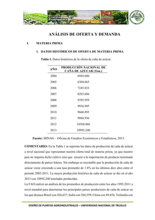DISEÑO DE PLANTAS AGROINDUSTRIALES – UNIVERSIDAD NACIONAL DE TRUJILLO
ANÁLISIS DE OFERTA Y DEMANDA
I. MATERIA PRIMA
1. DATOS HISTÓRICOS DE OFERTA DE MATERIA PRIMA
Tabla 1. Datos históricos de la oferta de caña de azúcar.
AÑO
PRODUCCIÓN NACIONAL DE
CAÑA DE AZÚCAR (Ton.)
2004 6945.686
2005 6304.065
2006 7245.833
2007 8283.686
2008 9395.959
2009 9936.945
2010 9660.895
2011 9884.936
2012 10368.866
2013 10992.240
Fuente: MINAG – Oficina de Estudios Económicos y Estadísticos, 2013.
COMENTARIO: En la Tabla 1 se reportan los datos de producción de caña de azúcar
a nivel nacional que representan nuestra oferta total de materia prima, ya que nuestro
país no importa dicho cultivo sino que recurre a la importación de producto terminado
directamente de países líderes. Sin embargo es rescatable que la producción de caña de
azúcar viene creciendo a una tasa promedio de 1.8% en los últimos diez años entre el
periodo 2002-2011. La mayor producción histórica de caña de azúcar se dio en el año
2013 con 10992,240 toneladas producidas.
La FAO realizó un análisis de los promedios de producción entre los años 1992-2011 a
nivel mundial para determinar los principales países productores de caña de azúcar en
los que destaca Brasil con 426,637; India con 284,559; China con 89,456; Tailandia con
 