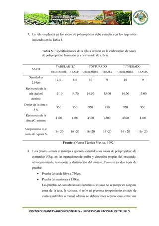 DISEÑO DE PLANTAS AGROINDUSTRIALES – UNIVERSIDAD NACIONAL DE TRUJILLO
7. La tela empleada en los sacos de polipropileno debe cumplir con los requisitos
indicados en la Tabla 4.
Tabla 5. Especificaciones de la tela a utilizar en la elaboración de sacos
de polipropileno laminado en el envasado de azúcar.
SACO
TABULAR “L” COSTURADO “L” PEGADO
URDIEMBRE TRAMA URDIEMBRE TRAMA URDIEMBRE TRAMA
Densidad en
2.54cm
12.4 - 8.5 10 9 10 9
Resistencia de la
tela (kg/cm)
mínimo
15.10 14.70 16.50 15.00 16.00 15.00
Denier de la cinta ±
5 %
950 950 950 950 950 950
Resistencia de la
cinta (G) mínimo
4300 4300 4300 4300 4300 4300
Alargamiento en el
punto de ruptura %
16 - 20 16 -20 16 -20 16 -20 16 - 20 16 - 20
Fuente: (Norma Técnica Mexica, 1992.)
8. Esta prueba simula el manejo a que son sometidos los sacos de polipropileno de
contenido 50kg. en las operaciones de estiba y desestiba propias del envasado,
almacenamiento, transporte y distribución del azúcar. Consiste en dos tipos de
prueba:
 Prueba de caída libre a 750cm.
 Prueba de maniobra a 150cm.
Las pruebas se consideran satisfactorias si el saco no se rompe en ninguna
zona de la tela, la costura, el sello ni presenta rompimiento aislado de
cintas (urdimbre o trama) además no deberá tener separaciones entre una
 