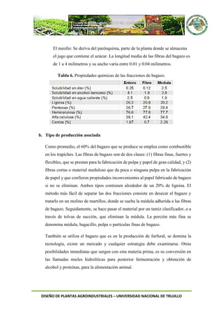DISEÑO DE PLANTAS AGROINDUSTRIALES – UNIVERSIDAD NACIONAL DE TRUJILLO
El meollo: Se deriva del parénquima, parte de la planta donde se almacena
el jugo que contiene el azúcar. La longitud media de las fibras del bagazo es
de 1 a 4 milímetros y su ancho varía entre 0.01 y 0.04 milímetros.
Tabla 6. Propiedades químicas de las fracciones de bagazo.
b. Tipo de producción asociada
Como promedio, el 60% del bagazo que se produce se emplea como combustible
en los trapiches. Las fibras de bagazo son de dos clases: (1) fibras finas, fuertes y
flexibles, que se prestan para la fabricación de pulpa y papel de gran calidad, y (2)
fibras cortas o material meduloso que da poca o ninguna pulpa en la fabricación
de papel y que confieren propiedades inconvenientes al papel fabricado de bagazo
si no se eliminan. Ambos tipos contienen alrededor de un 20% de lignina. El
método más fácil de separar las dos fracciones consiste en desecar el bagazo y
tratarlo en un molino de martillos, donde se suelta la médula adherida a las fibras
de bagazo. Seguidamente, se hace pasar el material por un tamiz clasificador, o a
través de tolvas de succión, que eliminan la médula. La porción más fina se
denomina médula, bagacillo, pulpa o partículas finas de bagazo.
También se utiliza el bagazo que es en la producción de furfural, se domina la
tecnología, existe un mercado y cualquier estrategia debe examinarse. Otras
posibilidades inmediatas que surgen con esta materia prima, es su conversión en
las llamadas mieles hidrolíticas para posterior fermentación y obtención de
alcohol y proteínas, para la alimentación animal.
 
