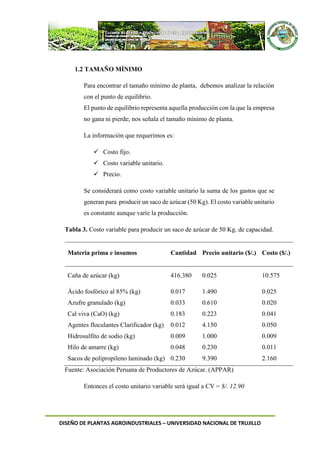 DISEÑO DE PLANTAS AGROINDUSTRIALES – UNIVERSIDAD NACIONAL DE TRUJILLO
1.2 TAMAÑO MÍNIMO
Para encontrar el tamaño mínimo de planta, debemos analizar la relación
con el punto de equilibrio.
El punto de equilibrio representa aquella producción con la que la empresa
no gana ni pierde; nos señala el tamaño mínimo de planta.
La información que requerimos es:
 Costo fijo.
 Costo variable unitario.
 Precio.
Se considerará como costo variable unitario la suma de los gastos que se
generan para producir un saco de azúcar (50 Kg). El costo variable unitario
es constante aunque varíe la producción.
Tabla 3. Costo variable para producir un saco de azúcar de 50 Kg. de capacidad.
Materia prima e insumos Cantidad Precio unitario ($/.) Costo ($/.)
Caña de azúcar (kg) 416.380 0.025 10.575
Ácido fosfórico al 85% (kg) 0.017 1.490 0.025
Azufre granulado (kg) 0.033 0.610 0.020
Cal viva (CaO) (kg) 0.183 0.223 0.041
Agentes floculantes Clarificador (kg) 0.012 4.150 0.050
Hidrosulfito de sodio (kg) 0.009 1.000 0.009
Hilo de amarre (kg) 0.048 0.230 0.011
Sacos de polipropileno laminado (kg) 0.230 9.390 2.160
Fuente: Asociación Peruana de Productores de Azúcar. (APPAR)
Entonces el costo unitario variable será igual a CV = $/. 12.90
 