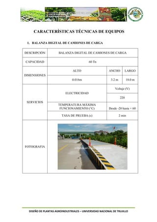 DISEÑO DE PLANTAS AGROINDUSTRIALES – UNIVERSIDAD NACIONAL DE TRUJILLO
CARACTERÍSTICAS TÉCNICAS DE EQUIPOS
1. BALANZA DIGITAL DE CAMIONES DE CARGA
DESCRIPCIÓN BALANZA DIGITAL DE CAMIONES DE CARGA
CAPACIDAD 60 Tn
DIMENSIONES
ALTO ANCHO LARGO
0.016m 3.2 m 18.0 m
SERVICIOS
ELECTRICIDAD
Voltaje (V)
220
TEMPERATURA MÁXIMA
FUNCIONAMIENTO (°C) Desde -20 hasta + 60
TASA DE PRUEBA (s) 2 min
FOTOGRAFIA
 