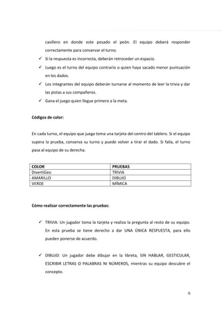 casillero en donde este posado el peón. El equipo deberá responder
correctamente para conservar el turno.
 Si la respuesta es incorrecta, deberán retroceder un espacio.
 Luego es el turno del equipo contrario o quien haya sacado menor puntuación
en los dados.
 Los integrantes del equipo deberán turnarse al momento de leer la trivia y dar
las pistas a sus compañeros.
 Gana el juego quien llegue primero a la meta.
Códigos de color:
En cada turno, el equipo que juega toma una tarjeta del centro del tablero. Si el equipo
supera la prueba, conserva su turno y puede volver a tirar el dado. Si falla, el turno
pasa al equipo de su derecha.
COLOR PRUEBAS
DivertiGeo TRIVIA
AMARILLO DIBUJO
VERDE MÍMICA
Cómo realizar correctamente las pruebas:
 TRIVIA: Un jugador toma la tarjeta y realiza la pregunta al resto de su equipo.
En esta prueba se tiene derecho a dar UNA ÚNICA RESPUESTA, para ello
pueden ponerse de acuerdo.
 DIBUJO: Un jugador debe dibujar en la libreta, SIN HABLAR, GESTICULAR,
ESCRIBIR LETRAS O PALABRAS NI NÚMEROS, mientras su equipo descubre el
concepto.
6
 