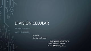 DIVISIÓN CELULAR
ANDREA MARENCO
HAZZLY GUERRERO
Biología
INGENIERIA BIOMEDICA
Dra. Karen Franco
UNIVERSIDAD SIMON
BOLIVAR
BARRANQUILLA
 