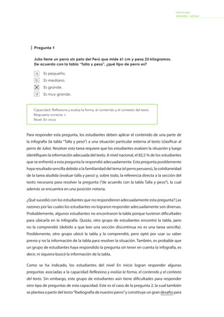 Informe para
docentes - Lectura
Pregunta 1
Es pequeño.
Es mediano.
Es grande.
Es muy grande.
Julio tiene un perro sin pelo del Perú que mide 61 cm y pesa 23 kilogramos.
De acuerdo con la tabla “Talla y peso”, ¿qué tipo de perro es?
Para señalar a qué lugar llegó primero este perro.
Para indicar el país de origen de este tipo de perro.
Para saber en qué lugar del Perú existe este tipo de perro.
Para mostrar el parecido de la cabeza con la forma del mapa.
Se debe a que su piel es lisa.
Se debe a la temperatura de su cuerpo.
Se debe a un cambio genético.
Se debe a que sus músculos son elásticos.
¿Por qué el autor ha incluido el mapa del Perú?
El pelo del perro peruano no crece o crece muy poco. Según el texto, ¿a qué
se debe esto?
23
24
25
a
b
c
d
a
b
c
d
a
b
c
d
Forma1-Lectura 15
CTC12S00009CTC12S00010CTC12S00234
Capacidad: Reflexiona y evalúa la forma, el contenido y el contexto del texto
Respuesta correcta: c
Nivel: En inicio
Para responder esta pregunta, los estudiantes deben aplicar el contenido de una parte de
la infografía (la tabla “Talla y peso”) a una situación particular externa al texto (clasificar al
perro de Julio). Resolver esta tarea requiere que los estudiantes evalúen la situación y luego
identifiquen la información adecuada del texto. A nivel nacional, el 82,5 % de los estudiantes
que se enfrentó a esta pregunta la respondió adecuadamente. Esta pregunta posiblemente
haya resultado sencilla debido a la familiaridad del tema (el perro peruano), la cotidianeidad
de la tarea aludida (evaluar talla y peso) y, sobre todo, la referencia directa a la sección del
texto necesaria para resolver la pregunta (“de acuerdo con la tabla Talla y peso”), la cual
además se encuentra en una posición notoria.
¿Qué sucedió con los estudiantes que no respondieron adecuadamente esta pregunta? Las
razones por las cuales los estudiantes no lograron responder adecuadamente son diversas.
Probablemente, algunos estudiantes no encontraron la tabla porque tuvieron dificultades
para ubicarla en la infografía. Quizás, otro grupo de estudiantes encontró la tabla, pero
no la comprendió (debido a que leer una sección discontinua no es una tarea sencilla).
Posiblemente, otro grupo ubicó la tabla y la comprendió, pero optó por usar su saber
previo y no la información de la tabla para resolver la situación. También, es probable que
un grupo de estudiantes haya respondido la pregunta sin tener en cuenta la infografía, es
decir, ni siquiera buscó la información de la tabla.
Como se ha indicado, los estudiantes del nivel En inicio logran responder algunas
preguntas asociadas a la capacidad Reflexiona y evalúa la forma, el contenido y el contexto
del texto. Sin embargo, este grupo de estudiantes aún tiene dificultades para responder
otro tipo de preguntas de esta capacidad. Este es el caso de la pregunta 2, la cual también
se plantea a partir del texto“Radiografía de nuestro perro”y constituye un gran desafío para
 