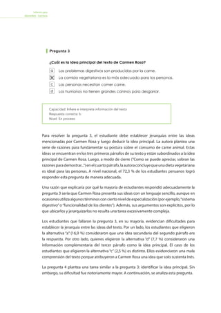 Informe para
docentes - Lectura
Pregunta 3
ECE2018-2.°gradodesecundaria
Las madres gestantes comen vegetales y carne para mantenerse
saludables.
Los humanos no necesitan caninos para desgarrar porque tienen
muelas que pueden hacer ese trabajo.
Existen nutrientes necesarios que se encuentran casi de forma exclusiva
en los alimentos de origen animal.
La carne animal es más sabrosa y más fácil de conseguir.
Según Carmen Rosa, los vegetales tienen los nutrientes necesarios para
las personas. ¿Cuál de los argumentos que presenta Inés se opone al de
Carmen Rosa?
11
a
b
c
d
Los problemas digestivos son producidos por la carne.
La comida vegetariana es la más adecuada para las personas.
Las personas necesitan comer carne.
Los humanos no tienen grandes caninos para desgarrar.
Los vegetarianos quieren otorgar derechos a los animales.
Los animales están para ser comidos.
Una buena alimentación debe incluir la carne.
Los niños, los adolescentes y las madres necesitan comer carne.
Porque los animales son inferiores a los humanos.
Porque hay muchos menos animales que seres humanos.
Porque los animales no tienen necesidades como nosotros.
Porque los humanos son mejores, ya que pueden elegir qué comer.
¿Cuál es la idea principal del texto de Carmen Rosa?
¿Cuál es la idea principal del texto de Inés?
Según Inés, ¿por qué NO es posible tratar igual a los animales y a los seres
humanos?
8
9
10
a
b
c
d
a
b
c
d
a
b
c
d
Ahora responde las preguntas de la 8 a la 13.
8 CTC13S00116CTC13S00113CTC12S00285CTC13S00115
Capacidad: Infiere e interpreta información del texto
Respuesta correcta: b
Nivel: En proceso
Para resolver la pregunta 3, el estudiante debe establecer jerarquías entre las ideas
mencionadas por Carmen Rosa y luego deducir la idea principal. La autora plantea una
serie de razones para fundamentar su postura sobre el consumo de carne animal. Estas
ideas se encuentran en los tres primeros párrafos de su texto y están subordinados a la idea
principal de Carmen Rosa. Luego, a modo de cierre (Como se puede apreciar, sobran las
razonesparademostrar...)enelcuartopárrafo,laautoraconcluyequeunadietavegetariana
es ideal para las personas. A nivel nacional, el 72,3 % de los estudiantes peruanos logró
responder esta pregunta de manera adecuada.
Una razón que explicaría por qué la mayoría de estudiantes respondió adecuadamente la
pregunta 3 sería que Carmen Rosa presenta sus ideas con un lenguaje sencillo, aunque en
ocasionesutilizaalgunostérminosconciertoniveldeespecialización(porejemplo,“sistema
digestivo”o“funcionalidad de los dientes”). Además, sus argumentos son explícitos, por lo
que ubicarlos y jerarquizarlos no resulta una tarea excesivamente compleja.
Los estudiantes que fallaron la pregunta 3, en su mayoría, evidencian dificultades para
establecer la jerarquía entre las ideas del texto. Por un lado, los estudiantes que eligieron
la alternativa “a” (16,9 %) consideraron que una idea secundaria del segundo párrafo era
la respuesta. Por otro lado, quienes eligieron la alternativa “d” (7,7 %) consideraron una
información complementaria del tercer párrafo como la idea principal. El caso de los
estudiantes que eligieron la alternativa “c” (2,5 %) es distinto. Ellos evidenciaron una mala
comprensión del texto porque atribuyeron a Carmen Rosa una idea que solo sustenta Inés.
La pregunta 4 plantea una tarea similar a la pregunta 3: identificar la idea principal. Sin
embargo, su dificultad fue notoriamente mayor. A continuación, se analiza esta pregunta.
 