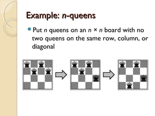 Example:Example: nn-queens-queens
Put n queens on an n × n board with no
two queens on the same row, column, or
diagonal
 