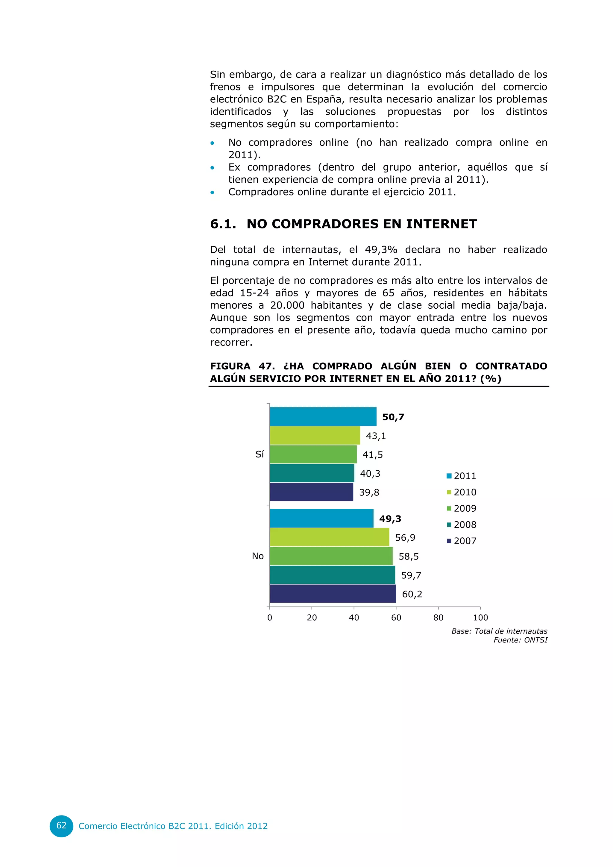Sin embargo, de cara a realizar un diagnóstico más detallado de los
                                  frenos e impulsores que determinan la evolución del comercio
                                  electrónico B2C en España, resulta necesario analizar los problemas
                                  identificados y las soluciones propuestas por los distintos
                                  segmentos según su comportamiento:
                                      No compradores online (no han realizado compra online en
                                       2011).
                                      Ex compradores (dentro del grupo anterior, aquéllos que sí
                                       tienen experiencia de compra online previa al 2011).
                                      Compradores online durante el ejercicio 2011.


                                  6.1. NO COMPRADORES EN INTERNET

                                  Del total de internautas, el 49,3% declara no haber realizado
                                  ninguna compra en Internet durante 2011.
                                  El porcentaje de no compradores es más alto entre los intervalos de
                                  edad 15-24 años y mayores de 65 años, residentes en hábitats
                                  menores a 20.000 habitantes y de clase social media baja/baja.
                                  Aunque son los segmentos con mayor entrada entre los nuevos
                                  compradores en el presente año, todavía queda mucho camino por
                                  recorrer.

                                  FIGURA 47. ¿HA COMPRADO ALGÚN BIEN O CONTRATADO
                                  ALGÚN SERVICIO POR INTERNET EN EL AÑO 2011? (%)



                                                                         50,7

                                                                   43,1

                                             Sí                   41,5

                                                                  40,3                     2011
                                                               39,8                        2010
                                                                                           2009
                                                                     49,3
                                                                                           2008
                                                                           56,9            2007
                                            No                             58,5

                                                                            59,7

                                                                               60,2

                                                  0   20     40           60          80        100
                                                                                           Base: Total de internautas
                                                                                                      Fuente: ONTSI




62   Comercio Electrónico B2C 2011. Edición 2012
 