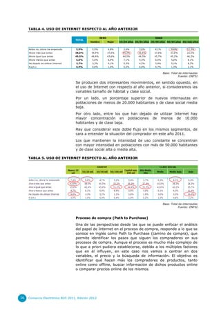 TABLA 4. USO DE INTERNET RESPECTO AL AÑO ANTERIOR

                                                      SEXO                                    EDAD
                                      TOTAL
                                              Hombre         Mujer   15/24 años 25/34 años 35/49 años 50/64 años 65/más años


     Antes no, ahora he empezado      5,9%     5,0%          6,8%      2,6%       3,6%       6,1%          9,6%        12,3%
     Ahora más que antes              38,6%   39,4%          37,6%     45,3%      42,6%      37,6%        33,6%        22,5%
     Ahora igual que antes            45,0%   46,4%          43,6%     44,2%      44,3%      45,7%        45,2%        46,3%
     Ahora menos que antes            6,0%     5,0%          6,9%      7,1%       4,5%       6,5%          5,0%        8,1%
     He dejado de utilizar Internet   3,7%     3,3%          4,1%      0,3%       4,2%       3,4%          5,1%        8,7%
     N.s/n.c                          0,9%     0,8%          1,0%      0,5%       0,8%       0,7%          1,5%        2,1%

                                                                                                     Base: Total de internautas
                                                                                                                Fuente: ONTSI

                                      Se producen dos interesantes movimientos, en sentido opuesto, en
                                      el uso de Internet con respecto al año anterior, si consideramos las
                                      variables tamaño de hábitat y clase social.
                                      Por un lado, un porcentaje superior de nuevos internautas en
                                      poblaciones de menos de 20.000 habitantes y de clase social media
                                      baja.
                                      Por otro lado, entre los que han dejado de utilizar Internet hay
                                      mayor concentración en poblaciones de menos de 10.000
                                      habitantes y de clase baja.
                                      Hay que considerar este doble flujo en los mismos segmentos, de
                                      cara a entender la situación del comprador en este año 2011.
                                      Los que mantienen la intensidad de uso constante se concentran
                                      con mayor intensidad en poblaciones con más de 50.000 habitantes
                                      y de clase social alta o media alta.

     TABLA 5. USO DE INTERNET RESPECTO AL AÑO ANTERIOR




                                                                                                     Base: Total de internautas
                                                                                                                Fuente: ONTSI



                                      Proceso de compra (Path to Purchase)
                                      Una de las perspectivas desde las que se puede enfocar el análisis
                                      del papel de Internet en el proceso de compra, responde a lo que se
                                      conoce en inglés como Path to Purchase (camino de compra), que
                                      permite identificar los pasos que siguen los compradores en sus
                                      procesos de compra. Aunque el proceso es mucho más complejo de
                                      lo que a priori pudiera establecerse, debido a los múltiples factores
                                      que en él influyen, en este caso nos vamos a centrar en dos
                                      variables, el precio y la búsqueda de información. El objetivo es
                                      identificar qué hacen más los compradores de productos, tanto
                                      online como offline, buscar información de dichos productos online
                                      o comparar precios online de los mismos.




16   Comercio Electrónico B2C 2011. Edición 2012
 