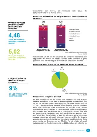 ciertamente  aún    mayor,  se     reproduce                  esta      pauta     de
                       comportamiento en el mundo online.

                       FIGURA 15. NÚMERO DE VECES QUE HA ESCRITO OPINIONES EN
                       INTERNET

                                 4,48                     5,02
NÚMERO DE VECES
                                  3,6                         1,5
QUE HA ESCRITO                    1,9                               2,5
                                                        2,7
OPINIONES EN                      5,7                      6,5
INTERNET                         13,2                                            Mas de 10 veces
                                                                                 Entre 5 y 10 veces



4,48
                                                                                 Entre 3 y 5 veces
                                                          66,8                   Entre 1 y 3 veces

                                 71,0                                            Nunca
Veces, en el caso de                                                             N.s/n.c
productos comprados
ONLINE
                                                          20,1
                                  4,6
                            SOBRE PRODUCTOS       SOBRE PRODUCTOS


5,02
Veces, en el caso de
                           COMPRADOS ONLINE      COMPRADOS OFFLINE
                                                                          Base: Total internautas compradores
                                                                                                Fuente: ONTSI

                       Actualmente un 9% de los usuarios de comercio electrónico son
productos comprados
                       seguidores de marcas en redes sociales. Esto confirma el gran
OFFLINE
                       potencial para las estrategias de marca que ofrecen las mismas.

                       FIGURA 16. FAN/SEGUIDOR DE MARCA EN REDES SOCIALES

                                                                Nc
                                                Sí             0,7%
                                              9,0%




FAN/SEGUIDOR DE
MARCA EN REDES
SOCIALES



 9%                                                                   No
                                                                    90,3%

                                                                          Base: Total internautas compradores
 DE LOS INTERNAUTAS
                                                                                                Fuente: ONTSI
 COMPRADORES           Sitios web de compra en Internet
                       Se han incorporado en el análisis del presente año dos nuevos
                       canales de compra. Sitio web de bonos/cupones de descuento con
                       un 22,3% de menciones y sitio web/club de venta privada con un
                       13,7%. Todo apunta que muchos de los clientes que han utilizado
                       estos dos canales en 2011 se situaban en 2010 en otros canales
                       mayoritarios, sobre todo en el canal web que vende principalmente
                       por Internet. Esta es la causa por la que éste ha recibido este año
                       un porcentaje de menciones más bajo, situándose en segundo lugar
                       con un 40,9%. De tal modo, la web del fabricante sería, con estas
                       nuevas categorías, el canal principal, con un 46,9%. En tercera
                       posición se mantiene la tienda que tiene tanto establecimiento físico
                       como venta por Internet con un 37,3%. Por otro lado, el canal
                       subastas, con un fuerte incremento en 2010, reduce en este año su



                                                     Comercio Electrónico B2C 2011. Edición 2012                27
 