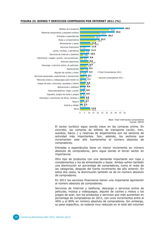 FIGURA 23. BIENES Y SERVICIOS COMPRADOS POR INTERNET 2011 (%)


                                           Billetes de transporte                                                                   49,5
                                                                                                                  33,0
                        Reservas alojamiento y paquete turístico                                                          39,0
                                                                                                    22,9
                                        Entradas a espectáculos                                                 30,4
                                                                                             16,7
                                          Ropa y complementos                                    22,2
                                                                                              18,5
                                            Alimentación y bazar                       11,8
                                                                                         14,9
                                            Servicios financieros                      11,8
                                                                         1,5
                                    Libros, revistas, y periódicos                    11,3
                                                                               5,9
                                Servicios de Internet y telefonía                     10,5
                                                                           3,8
                   Electrónica: imagen, sonido, comunicaciones,…                     9,9
                                                                          3,2
                                             Artículos deportivos                 9,6
                                                                                    11,4
                        Descarga, o servicio online, de películas,…               9,5
                                                                                7,6
                                                    Restaurantes                  9,2
                                                                             4,8
                                      Alquiler de coches y motor                  9,2             Total Compradores 2011
                                                                         1,9
                Servicios personales, experiencias y sensaciones                 8,1
                                                                             5,3                  Nuevos compradores 2011
                   Películas,música y videojuegos para recibir en…             7,1
                                                                           2,9
                   Juegos de azar, concursos, apuestas y lotería               6,6
                                                                              6,0
                                         Aplicaciones y software               6,6
                                                                         1,6
                               Electrodomésticos, hogar y jardín              6,0
                                                                          2,1
                             Juguetes, juegos de mesa y juegos                6,0
                                                                          2,1
                     Descarga o suscripción de libros, revistas y…            5,5
                                                                              5,6
                                                          Seguro             5,1
                                                                           3,0
                                                Joyería y relojes          3,3
                                                                         1,3
                                                            Otros                   11,5
                                                                                     12,2
                                                                     0    5      10    15    20     25     30    35      40   45   50



                                                                                                                Base: Total internautas compradores
                                                                                                                                      Fuente: ONTSI

                                      El sector turístico sigue siendo clave en las compras online. En
                                      concreto, las compras de billetes de transporte (avión, tren,
                                      autobús, barco…) y reservas de alojamientos son los sectores de
                                      actividad más importantes. Son, además, los sectores que
                                      incrementan este año fuertemente el número absoluto de
                                      compradores.
                                      Entradas a espectáculos tiene un menor incremento en número
                                      absoluto de compradores, pero sigue siendo el tercer sector en
                                      importancia.
                                      Otro tipo de productos con una demanda importante son ropa y
                                      complementos y los de alimentación y bazar. Ambos sufren también
                                      una disminución en porcentaje de compradores, como el resto de
                                      las categorías, después del fuerte incremento del año anterior. En
                                      estos dos casos, la disminución también se da en número absoluto
                                      de compradores.
                                      En 2011 los servicios financieros tienen una importante aportación
                                      al número absoluto de compradores.
                                      Servicios de Internet y telefonía, descarga o servicios online de
                                      películas, música y videojuegos, alquiler de coches y motos y los
                                      juegos de azar, son los productos y servicios que más aumentan en
                                      porcentaje de compradores en 2011, con unos incrementos entre el
                                      40% y el 80% en número absoluto de compradores. Sin embargo,
                                      su peso específico, es todavía muy reducido en el total del volumen



34   Comercio Electrónico B2C 2011. Edición 2012
 
