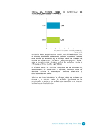 FIGURA  26.  NÚMERO    MEDIO  DE                        CATEGORÍAS         DE
PRODUCTOS/SERVICIOS COMPRADAS




              2011                           3,00




              2010                           2,98




                     0    1       2      3          4    5     6

                                Base: Internautas que han comprado en 2009/2010
                                                                  Fuente: ONTSI

El número medio de procesos de compra ha aumentado sobre todo
en servicios de Internet y telefonía y servicios financieros. También
cabe señalar los aumentos en el número medio de procesos de
compra en aplicaciones y software; electrodomésticos y hogar;
ropa y complementos; descarga online de películas, música y
videojuegos; libros, revistas y periódicos.

El número medio de artículos comprados se ha incrementado
principalmente en aplicaciones y software; descarga online de
películas, música y videojuegos; servicios financieros y
electrodomésticos y hogar.

Salvo en servicios financieros, el número medio de procesos de
compra y el número medio de artículos comprados se ha
concentrado en sectores con un bajo peso específico en el volumen
total del comercio electrónico.




                              Comercio Electrónico B2C 2011. Edición 2012         39
 