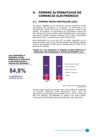 5.     FORMAS ALTERNATIVAS DE
                             COMERCIO ELECTRÓNICO
                      5.1. COMPRA VENTA PARTICULAR (C2C)

                      Es curioso constatar que la forma de comercio electrónico entre
                      particulares C2C (Consumer to Consumer), ha disminuido en el
                      presente año, siendo una forma en clara expansión hasta el año
                      pasado. Si sumamos los porcentajes de compradores online que
                      han utilizado de alguna manera esta posibilidad entre particulares
                      (comprado, vendido o ambas), tenemos que en 2010 el porcentaje
                      total es de 19,3%, mientras que en 2011 es de 14,6%.
                      Esta disminución en el uso del C2C se puede relacionar con el
                      descenso habido este año en formas también con bastante impulso
                      hasta el año pasado de este tipo de transacciones a través de los
                      portales de subastas.

                      FIGURA 39. ¿HA COMPRADO O VENDIDO ALGÚN PRODUCTO O
                       SERVICIOS A UN PARTICULAR A TRAVÉS DE INTERNET? (%)

¿HA COMPRADO O
VENDIDO ALGÚN
PRODUCTO O SERVICIO
A UN PARTICULAR A
TRAVÉS DE INTERNET?                                                     Ni comprado ni vendido
                                     80,3             84,8
                                                                        Solo he vendido




84,8%                                 2,3
                                                                        Sólo he comprado

                                                                        Vendido y comprado

                                                       2,6              Ns/Nc
NI COMPRADO NI                       9,8
                                                      7,3
VENDIDO EN 2011                      7,2              4,7
                                           0,4               0,5
                                     2010             2011



                                                                   Base: Total de internautas compradores
                                                                                            Fuente: ONTSI

                      El precio sigue siendo el principal motivo para utilizar la modalidad
                      de comercio electrónico entre particulares (C2C), pero ha
                      disminuido su porcentaje como aliciente para su uso en el presente
                      año. Sin embargo, la posibilidad de obtener una mayor oferta,
                      incrementa su porcentaje como motivación para usar este canal.




                                                  Comercio Electrónico B2C 2011. Edición 2012               55
 
