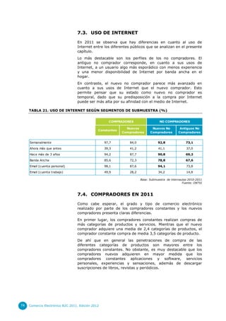 7.3. USO DE INTERNET

                                  En 2011 se observa que hay diferencias en cuanto al uso de
                                  Internet entre los diferentes públicos que se analizan en el presente
                                  capítulo.
                                  Lo más destacable son los perfiles de los no compradores. El
                                  antiguo no comprador corresponde, en cuanto a sus usos de
                                  Internet, a un usuario algo más esporádico con menos experiencia
                                  y una menor disponibilidad de Internet por banda ancha en el
                                  hogar.
                                  En contraste, el nuevo no comprador parece más avanzado en
                                  cuanto a sus usos de Internet que el nuevo comprador. Esto
                                  permite pensar que su estado como nuevo no comprador es
                                  temporal, dado que su predisposición a la compra por Internet
                                  puede ser más alta por su afinidad con el medio de Internet.

     TABLA 21. USO DE INTERNET SEGÚN SEGMENTOS DE SUBMUESTRA (%)


                                                     COMPRADORES                  NO COMPRADORES

                                                              Nuevos         Nuevos No          Antiguos No
                                               Constantes
                                                            Compradores     Compradores        Compradores


     Semanalmente                                  97,7        84,0              92,8               73,1
     Ahora más que antes                           39,3        41,2              41,1               37,0
     Hace más de 3 años                            94,2        87,7              90,8               69,2
     Banda Ancha                                   85,6        72,3              78,8               67,6
     Email (cuenta personal)                       98,1        87,6              94,1               73,8
     Email (cuenta trabajo)                        49,9        28,2              34,2               14,8

                                                                      Base: Submuestra de internautas 2010-2011
                                                                                                  Fuente: ONTSI



                                  7.4. COMPRADORES EN 2011

                                  Como cabe esperar, el grado y tipo de comercio electrónico
                                  realizado por parte de los compradores constantes y los nuevos
                                  compradores presenta claras diferencias.
                                  En primer lugar, los compradores constantes realizan compras de
                                  más categorías de productos y servicios. Mientras que el nuevo
                                  comprador adquiere una media de 2,4 categorías de productos, el
                                  comprador constante compra de media 3,5 categorías de producto.
                                  De ahí que en general las penetraciones de compra de las
                                  diferentes categorías de productos son mayores entre los
                                  compradores constantes. No obstante, es muy destacable que los
                                  compradores nuevos adquieren en mayor medida que los
                                  compradores constantes aplicaciones y software, servicios
                                  personales, experiencias y sensaciones, además de descargar
                                  suscripciones de libros, revistas y periódicos.




74   Comercio Electrónico B2C 2011. Edición 2012
 
