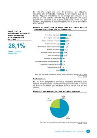 En este año surgen una serie de problemas que adquieren
relevancia para el reducido porcentaje de compradores que los ha
tenido. Adquiere importancia la no entrega del producto o su
entrega en mal estado. También hay que destacar una nueva
problemática asociada a los cupones/descuentos, como son, por
ejemplo, los problemas al canjear la promoción o que el precio final
fuera distinto.
FIGURA 31. ¿QUÉ TIPO DE PROBLEMAS HA TENIDO EN LAS
COMPRAS REALIZADAS POR INTERNET? (%)

¿QUÉ TIPO DE
PROBLEMAS HA TENIDO
EN LAS COMPRAS
REALIZADAS POR
INTERNET?

28,1%
NO ME LLEGÓ EL
PRODUCTO

No me llegó el producto

28,1

Me ha llegado estropeado

22,1

No era lo ofrecido en la web

21,5

Problemas medio pago

19,7

Problemas al canjear la promoción

14,9

Me llegó con retraso

14,6

Problemas para su devolución

12,6

Precio final distinto

11,9

Problemas al descargarlo

8,6

Incompatibilidades con navegador/s.o.

6,8

Problemas al tramitar garantía

6,0

Falta de información
Otros

2,2
18,2

Base: Total internautas compradores que han tenido problemas en la compra (el 7,7% de
los compradores)
Fuente: ONTSI

Reclamaciones

El 77% de los compradores online que han tenido problemas en la
compra han presentado una reclamación principalmente al servicio
de atención al cliente. Esta situación es muy similar a la del año
anterior.
FIGURA 32. ¿HA PRESENTADO UNA RECLAMACIÓN? (%)

No
23,0%

Ns/Nc
0,0%

Sí
77,0%
Base: Total de internautas compradores que han tenido problemas con la compra
Fuente: ONTSI

Comercio Electrónico B2C 2011. Edición 2012

49

 