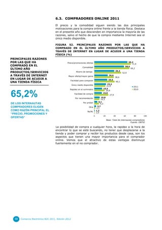 6.3. COMPRADORES ONLINE 2011
El precio y la comodidad siguen siendo las dos principales
motivaciones para la compra online frente a la tienda física. Destaca
en el presente año que descienden en importancia la mayoría de las
razones, salvo el hecho de que la compra mediante Internet sea el
único medio disponible.
FIGURA 52. PRINCIPALES RAZONES POR LAS QUE HA
COMPRADO EN EL ÚLTIMO AÑO PRODUCTOS/SERVICIOS A
TRAVÉS DE INTERNET EN LUGAR DE ACUDIR A UNA TIENDA
FÍSICA (%)

PRINCIPALES RAZONES
POR LAS QUE HA
COMPRADO EN EL
ÚLTIMO AÑO
PRODUCTOS/SERVICIOS
A TRAVÉS DE INTERNET
EN LUGAR DE ACUDIR A
UNA TIENDA FÍSICA

65,2
71,9
58,6
69,2

Precio/promociones ofertas

Comodidad
39,3

Ahorro de tiempo
Mayor oferta/mayor gama

26,6

Facilidad para comparar

25,6

Rapidez en el suministro
Facilidad de compra
Por recomendación
Por probar

DE LOS INTERNAUTAS
COMPRADORES ELIGEN
COMO RAZÓN PRINCIPAL EL
“PRECIO, PROMOCIONES Y
OFERTAS”

38,6
40,1

23,2
21,9
15,5
20,6
15,0
27,9
10,8
10,3
6,1
9,3
3,7
2,1
1,2
1,0

Único medio disponible

65,2%

52,9

Otra
Ns/Nc
0

20

40

2011
2010

60

80

100

Base: Total de internautas compradores
Fuente: ONTSI

La posibilidad de compra a cualquier hora, la rapidez a la hora de
encontrar lo que se está buscando, no tener que desplazarse a la
tienda y poder comprar y recibir los productos desde casa, son los
aspectos que tienen una mayor importancia para el comprador
online. Vemos que el atractivo de estas ventajas disminuye
fuertemente en el no comprador.

68

Comercio Electrónico B2C 2011. Edición 2012

 