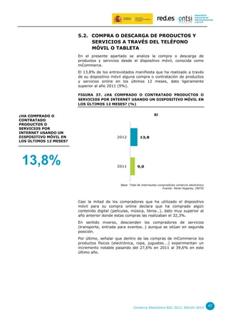 5.2. COMPRA O DESCARGA DE PRODUCTOS Y
SERVICIOS A TRAVÉS DEL TELÉFONO
MÓVIL O TABLETA
En el presente apartado se analiza la compra o descarga de
productos y servicios desde el dispositivo móvil, conocida como
mCommerce.
El 13,8% de los entrevistados manifiesta que ha realizado a través
de su dispositivo móvil alguna compra o contratación de productos
y servicios online en los últimos 12 meses, dato ligeramente
superior al año 2011 (9%).
FIGURA 37. ¿HA COMPRADO O CONTRATADO PRODUCTOS O
SERVICIOS POR INTERNET USANDO UN DISPOSITIVO MÓVIL EN
LOS ÚLTIMOS 12 MESES? (%)
¿HA COMPRADO O
CONTRATADO
PRODUCTOS O
SERVICIOS POR
INTERNET USANDO UN
DISPOSITIVO MÓVIL EN
LOS ÚLTIMOS 12 MESES?

13,8%

Sí

2012

2011

13,8

9,0

Base: Total de internautas compradores comercio electrónico
Fuente: Panel Hogares, ONTSI

Casi la mitad de los compradores que ha utilizado el dispositivo
móvil para su compra online declara que ha comprado algún
contenido digital (películas, música, libros…), dato muy superior al
año anterior donde estas compras las realizaban el 32,3%.
En sentido inverso, descienden los compradores de servicios
(transporte, entrada para eventos…) aunque se sitúan en segunda
posición.
Por último, señalar que dentro de las compras de mCommerce los
productos físicos (electrónica, ropa, juguetes….) experimentan un
incremento notable pasando del 27,6% en 2011 al 39,6% en este
último año.

Comercio Electrónico B2C 2012. Edición 2013

47

 