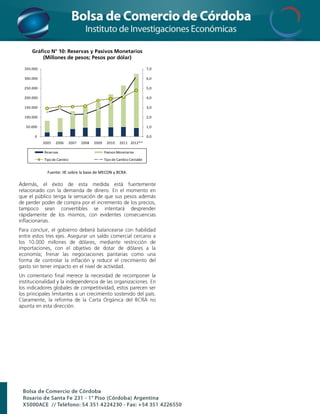 350.000                                                                7,0

300.000                                                                6,0

250.000                                                                5,0

200.000                                                                4,0

150.000                                                                3,0

100.000                                                                2,0

50.000                                                                 1,0

     0                                                                 0,0
          2005   2006   2007   2008   2009    2010    2011 2012**

          Reservas                           Pasivos Monetarios
          Tipo de Cambio                     Tipo de Cambio Contable


            Fuente: IIE sobre la base de MECON y BCRA.
 