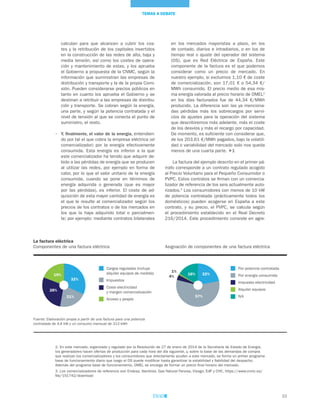 33
calculan para que alcancen a cubrir los cos-
tes y la retribución de los capitales invertidos
en la construcción de las redes de alta, baja y
media tensión, así como los costes de opera-
ción y mantenimiento de estas, y los aprueba
el Gobierno a propuesta de la CNMC, según la
información que suministran las empresas de
distribución y transporte y la de la propia Comi-
sión. Pueden considerarse precios públicos en
tanto en cuanto los aprueba el Gobierno y se
destinan a retribuir a las empresas de distribu-
ción y transporte. Se cobran según la energía,
una parte, y según la potencia contratada y el
nivel de tensión al que se conecta el punto de
suministro, el resto.
•	 Y, finalmente, el valor de la energía, entendien-
do por tal el que cobra la empresa eléctrica (el
comercializador) por la energía efectivamente
consumida. Esta energía es inferior a la que
este comercializador ha tenido que adquirir de-
bido a las pérdidas de energía que se producen
al utilizar las redes, por ejemplo en forma de
calor, por lo que el valor unitario de la energía
consumida, cuando se pone en términos de
energía adquirida o generada (que es mayor
por las pérdidas), es inferior. El coste de ad-
quisición de esta mayor cantidad de energía es
el que le resulte al comercializador según los
precios de los contratos o de los mercados en
los que la haya adquirido total o parcialmen-
te; por ejemplo: mediante contratos bilaterales
en los mercados mayoristas a plazo, en los
de contado, diarios e intradiarios, o en los de
tiempo real o ajuste del operador del sistema
(OS), que es Red Eléctrica de España. Este
componente de la factura es el que podemos
considerar como un precio de mercado. En
nuestro ejemplo, si excluimos 1,10 € de coste
de comercialización, son 17,01 € o 54,34 €/
MWh consumido. El precio medio de esa mis-
ma energía valorada al precio horario de OMEL2
en los días facturados fue de 44,34 €/MWh
producido. La diferencia son las ya menciona-
das pérdidas más los sobrecargos por servi-
cios de ajustes para la operación del sistema
que describiremos más adelante, más el coste
de los desvíos y más el recargo por capacidad.
De momento, es suficiente con considerar que,
de los 203,61 €/MWh pagados, bajo la volatili-
dad o variabilidad del mercado solo nos queda
menos de una cuarta parte. 1
La factura del ejemplo descrito en el primer pá-
rrafo corresponde a un contrato regulado acogido
al Precio Voluntario para el Pequeño Consumidor o
PVPC. Estos contratos se firman con un comercia-
lizador de referencia de los seis actualmente auto-
rizados.3
Los consumidores con menos de 10 kW
de potencia contratada (prácticamente todos los
domésticos) pueden acogerse en España a este
contrato, y su precio, el PVPC, se calcula según
el procedimiento establecido en el Real Decreto
216/2014. Este procedimiento consiste en agre-
2. En este mercado, organizado y regulado por la Resolución de 27 de enero de 2014 de la Secretaría de Estado de Energía,
los generadores hacen ofertas de producción para cada hora del día siguiente, y, sobre la base de las demandas de compra
que realizan los comercializadores y los consumidores que directamente acuden a este mercado, se forma un primer programa
base de funcionamiento diario que luego el OS puede modificar hasta garantizar la estabilidad y fiabilidad del despacho.
Además del programa base de funcionamiento, OMEL se encarga de formar un precio final horario del mercado.
3. Los comercializadores de referencia son Endesa, Iberdrola, Gas Natural Fenosa, Viesgo, EdP y CHC, https://www.cnmc.es/
file/151742/download
La factura eléctrica
Componentes de una factura eléctrica
Fuente: Elaboración propia a partir de una factura para una potencia
contratada de 4,6 kW y un consumo mensual de 313 kWh
Asignación de componentes de una factura eléctrica
Cargos regulados (incluye
alquiler equipos de medida)
Impuestos
Coste electricidad
y margen comercialización
Acceso y peajes
32%
21%
28%
19%
Por potencia contratada
Por energía consumida
Impuesto electricidad
Alquiler equipos
IVA
22%16%
57%
4%
1%
TEMAS A DEBATE
 