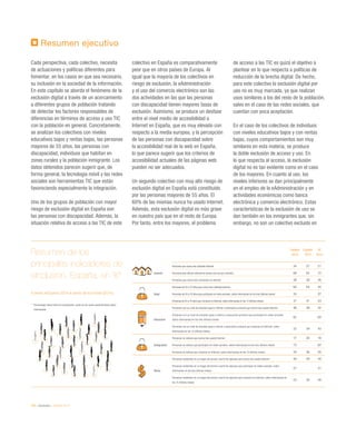 100 / eInclusión / eEspaña 2014
Resumen ejecutivo
Cada perspectiva, cada colectivo, necesita
de actuaciones y políticas diferentes para
fomentar, en los casos en que sea necesario,
su inclusión en la sociedad de la información.
En este capítulo se aborda el fenómeno de la
exclusión digital a través de un acercamiento
a diferentes grupos de población tratando
de detectar los factores responsables de
diferencias en términos de acceso y uso TIC
con la población en general. Concretamente,
se analizan los colectivos con niveles
educativos bajos y rentas bajas, las personas
mayores de 55 años, las personas con
discapacidad, individuos que habitan en
zonas rurales y la población inmigrante. Los
datos obtenidos parecen sugerir que, de
forma general, la tecnología móvil y las redes
sociales son herramientas TIC que están
favoreciendo especialmente la integración.
Uno de los grupos de población con mayor
riesgo de exclusión digital en España son
las personas con discapacidad. Además, la
situación relativa de acceso a las TIC de este
colectivo en España es comparativamente
peor que en otros países de Europa. Al
igual que la mayoría de los colectivos en
riesgo de exclusión, la eAdministración
y el uso del comercio electrónico son las
dos actividades en las que las personas
con discapacidad tienen mayores tasas de
exclusión. Asimismo, se produce un desfase
entre el nivel medio de accesibilidad a
Internet en España, que es muy elevado con
respecto a la media europea, y la percepción
de las personas con discapacidad sobre
la accesibilidad real de la web en España,
lo que parece sugerir que los criterios de
accesibilidad actuales de las páginas web
pueden no ser adecuados.
Un segundo colectivo con muy alto riesgo de
exclusión digital en España está constituido
por las personas mayores de 55 años. El
60% de las mismas nunca ha usado Internet.
Además, esta exclusión digital es más grave
en nuestro país que en el resto de Europa.
Por tanto, entre los mayores, el problema
de acceso a las TIC es quizá el objetivo a
plantear en lo que respecta a políticas de
reducción de la brecha digital. De hecho,
para este colectivo la exclusión digital por
uso no es muy marcada, ya que realizan
usos similares a los del resto de la población,
salvo en el caso de las redes sociales, que
cuentan con poca aceptación.
En el caso de los colectivos de individuos
con niveles educativos bajos y con rentas
bajas, cuyos comportamientos son muy
similares en esta materia, se produce
la doble exclusión de acceso y uso. En
lo que respecta al acceso, la exclusión
digital no es tan evidente como en el caso
de los mayores. En cuanto al uso, los
niveles inferiores se dan principalmente
en el empleo de la eAdministración y en
actividades económicas como banca
electrónica y comercio electrónico. Estas
características de la exclusión de uso se
dan también en los inmigrantes que, sin
embargo, no son un colectivo excluido en
España
2013
España
2012
UE
2013
General
Personas que nunca han utilizado Internet 24 27 21
Personas que utilizan Internet al menos una vez por semana 66 65 72
Personas que nunca han comprado en Internet 38 38 26
Edad
Personas de 55 a 74 años que nunca han utilizado Internet 60 64 45
Personas de 55 a 74 años que participan en redes sociales, sobre internautas en los tres últimos meses 34 27
Personas de 55 a 74 años que compran en Internet, sobre internautas en los 12 últimos meses 31 31 53
Educación
Personas con un nivel de estudios igual o inferior a educación primaria que nunca han usado Internet 46 49 42
Personas con un nivel de estudios igual o inferior a educación primaria que participan en redes sociales,
sobre internautas en los tres últimos meses
62 60
Personas con un nivel de estudios igual o inferior a educación primaria que compran en Internet, sobre
internautas en los 12 últimos meses
23 24 43
Inmigración
Personas no nativas que nunca han usado Internet 17 20 19
Personas no nativas que participan en redes sociales, sobre internautas en los tres últimos meses 73 62
Personas no nativas que compran en Internet, sobre internautas en los 12 últimos meses 34 36 58
Renta
Personas residentes en un hogar del primer cuartil de ingresos que nunca han usado Internet 44 49 40
Personas residentes en un hogar del primer cuartil de ingresos que participan en redes sociales, sobre
internautas en los tres últimos meses
27 31
Personas residentes en un hogar del primer cuartil de ingresos que compran en Internet, sobre internautas en
los 12 últimos meses
23 26 49
Resumen de los
principales indicadores de
eInclusión. España, en %*
Fuente: eEspaña 2014 a partir de Eurostat (2014)
* 	Porcentajes sobre total de la población, salvo en los casos especificados sobre
internautas
 