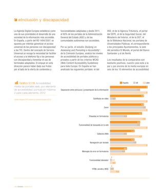 116 / eInclusión / eEspaña 2014
eInclusión y discapacidad
La Agenda Digital Europea establecía como
una de sus prioridades el desarrollo de una
sociedad de la información más accesible.
En España, a partir del RD 1494/2007, se
apuesta por intentar garantizar el acceso
universal de las personas con discapacidad
a las TIC. Dentro del concepto de Servicio
Universal se recoge la necesidad de facilitar
el acceso a la telefonía fija a las personas
con discapacidad y fomentar el uso de
terminales adaptados. El empuje en esta
dirección parece haber dado sus frutos
por el lado de la oferta de contenidos y
funcionalidades adaptadas y desde 2011,
el 80% de los portales de la Administración
General del Estado (AGE) y de las
comunidades autónomas son accesibles.
Por su parte, el estudio Studying on
Assessing and Promoting e-Accesibility3
,
de la Comisión Europea, analiza los niveles
de accesibilidad de portales públicos y
privados a partir de los criterios WCAG
(Web Content Accessibility Guidelines)
para toda Europa. En España se han
analizado los siguientes portales: el del
060, el de la Agencia Tributaria, el portal
del SEPE, el de la Seguridad Social, del
Ministerio del Interior, el de la DGT, el
de la Biblioteca Nacional, los portales de
Universidades Públicas, el correspondiente
a los principales Ayuntamientos, la web
del periódico El Mundo, el portal del Banco
Santander y el de Renfe.
Los resultados de la comparativa son
bastante positivos, nuestro país está a la
par o por encima de la media europea en
seis de los 10 elementos de accesibilidad
Gráfico 5.1.18. Accesibilidad
media de portales web, por elemento
de accesibilidad, puntuación máxima:
2 para cada elemento. 2012
Fuente: eEspaña 2014 a partir de Comisión Europea (2013)
España UE Líder
Separación entre estrucura y presentación de la información
Subtítulos en vídeo
Zoom
Etiquetas en formularios
Funcionalidad de búsqueda en la web
Cabecera Web
Navegación por teclado
Mensajes de error en formularios
Funcionalidad tabulador
HTML acorde a W3C
2
1,8
1,8
1,7
1,6
1,3
1,3
0,9
0
0
1,6
0,3
1,9
0,9
1,6
0,9
1,4
0,8
0,1
0,2
2
2
2
1,9
2
1,7
2
2
0,3
0,5
 