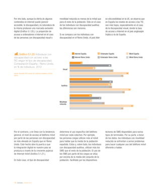 118 / eInclusión / eEspaña 2014
Por otro lado, aunque la oferta de algunos
contenidos en Internet puede parecer
accesible, la discapacidad y la naturaleza de
la misma producen una marcada exclusión
digital (Gráfico 5.1.20.). La proporción de
acceso a ordenadores e Internet en el caso
de las personas con discapacidad visual o
movilidad reducida es menos de la mitad que
para el resto de la población. Sólo en el caso
de los individuos con discapacidad auditiva
las diferencias son menores.
Si se compara con los individuos con
discapacidad en el Reino Unido, el país líder
en eAccesibilidad en la UE, se observa que
en España los niveles de acceso a las TIC
son más bajos, especialmente en el caso
de la discapacidad visual, donde la tasa
de acceso a Internet en el país anglosajón
triplica a la de España.
Por el contrario, y en línea con la tendencia
general, el nivel de acceso al teléfono móvil
por parte de las personas con discapacidad
es más elevado en España que en Reino
Unido. Este hecho abre la puerta a que
la integración digital en nuestro país se
produzca a través de la creciente pujanza
de Internet móvil (Gráfico 5.1.21.).
En todo caso, el tipo de discapacidad
determina el uso específico del teléfono
móvil por cada colectivo. Por ejemplo,
las personas ciegas utilizan más el móvil
para hablar que la media de la población
española. Estos y, sobre todo, los individuos
con discapacidad auditiva, utilizan más los
SMS que el resto de la población. El uso de
los SMS por parte de los ciegos se sitúa
por encima de la media del conjunto de la
población, facilitado por los dispositivos
lectores de SMS disponibles para varios
tipos de terminales. Por su parte, a tenor
de los datos, los individuos con movilidad
reducida se enfrentan a serios problemas
para hacer cualquier uso del teléfono móvil
diferente a hablar.
Gráfico 5.1.20. Individuos con
discapacidad con acceso a las
TIC según el tipo de discapacidad.
Comparación España - Reino Unido,
en % de individuos. 2013
Fuente: eEspaña 2014 a partir de Fundación Vodafone y Ofcom
(2013)
Internet España Ordenador España Móvil España
Internet Reino Unido Ordenador Reino Unido Móvil Reino Unido
Visual
Auditiva
Movilidad
19
48
33
62
64
47
38
62
33
65
63
52
88
91
95
80
82
80
reducida
 