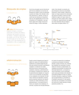 eEspaña 2014 / la sociedad de la información en las comunidades autónomas / 183
Búsqueda de empleo
Ciudadanos
Uno de los principales usos de Internet por
parte de los ciudadanos es el servicio de
búsqueda de empleo o envío de solicitudes
a puestos de trabajo. Este indicador cobra
más importancia si, además, se tiene en
cuenta que las empresas se encuentran
cada vez más digitalizadas,el 22% de las
compañías de 10 empleados o más que
tienen página web cuelgan anuncios de
ofertas de trabajo o reciben solicitudes
online. Este indicador no presenta una
gran divergencia entre las comunidades
autónomas, siendo Castilla-La Mancha la
región con mayor proporción de internautas
que buscan de trabajo a través de la Red
y Madrid la región con mayor número de
empresas que oferta empleo online. Aragón
y La Rioja son, respectivamente, las regiones
con menor demanda online de trabajo y
oferta online de empleo (Gráfico 7.4.).
Gráfico 7.4. Personas que
buscaron empleo o enviaron
solicitudes a puestos de trabajo y
empresas que pusieron anuncios
de trabajo o recibieron solicitudes
de empleo, por CC AA. 2013, en %
de internautas en los tres últimos
meses y en % de empresas de 10
empleados o más con página web
Fuente: eEspaña 2014 a partir de INE (2013)
eAdministración
Ciudadanos y empresas
España continúa trabajando para lograr el
objetivo de mejora de la eAdministración,
establecido en la Agenda Digital del país.
Esta guía pretende aumentar la participación
ciudadana y la utilización de canales
electrónicos para la comunicación entre
ciudadanos, empresas y administraciones.
Sin embargo, la evolución de la relación con
las administraciones digitales con respecto
a 2012 no se ha producido con igual signo
en los ciudadanos y las empresas. De este
modo, mientras los indicadores muestran
que las empresas mantienen una relación
creciente por medios telemáticos con las
administraciones, no se puede afirmar lo
mismo con respecto a los ciudadanos. En
concreto, se aprecia una marcada diferencia
en cuanto a la proporción de ciudadanos
y empresas que devuelven formularios
oficiales a través de Internet. Así, mientras
las compañías han aumentado el número
relativo de impresos cumplimentados, los
ciudadanos que devuelven formularios han
disminuido ligeramente. La excepción la
marca Extremadura, que ha aumentado
nueve puntos porcentuales este indicador. La
Comunidad de Madrid se sitúa a la cabeza
de ambos indicadores, seguida por Cataluña,
que ha experimentado un crecimiento en
el indicador empresarial. En este aspecto,
solo estas dos comunidades se encuentran
por encima de la media nacional en ambos
parámetros (Gráfico 7.5.).
Cantabria
Aragón
Cataluña
Navarra
Asturias
Galicia Andalucía
Madrid
La Rioja
Baleares
Canarias
Castilla y León
País Vasco
Extremadura
Murcia
Castilla-La Mancha
Comunidad Valenciana
Empresasqueensuwebtienenanunciosde
ofertasdetrabajoorecepcióndesolicitudes
detrabajoonline
Personas que buscan trabajo en Internet
Media nacional
21,9
Media
nacional
27,4
22 24 26 28 30 32
12
16
20
24
28
32
 
