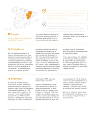 192 / la sociedad de la información en las comunidades autónomas / eEspaña 2014
Ciudadanos
Entre las iniciativas propuestas por el
Gobierno de Aragón para promover el uso
de las telecomunicaciones y la sociedad de
la información se encuentran los Talleres
de Formación y Difusión de las Tecnologías
de la Información y la Comunicación, cuyas
temáticas son, entre otras, la administración
electrónica, las compras por Internet, el
uso de móviles y las redes sociales. Sin
embargo, parece que son necesarios
más esfuerzos, porque en el ámbito de
la ciudadanía digital la mayoría de los
indicadores de convergencia de la sociedad
de la información han disminuido. Si en
2012 más de la mitad de los parámetros
se encontraban por encima de la media
española, en 2013 esta situación ha dado
un giro y tan sólo dos de ellos presentan un
valor superior al medio. Resulta relevante la
disminución experimentada por la proporción
de ciudadanos aragoneses que interactúan
electrónicamente con la Administración,
por ejemplo, el dato de internautas que
descargan formularios ha disminuido en más
de 10 puntos porcentuales.
Por otro lado, con el apoyo de la Red Pública
de Infraestructuras de Telecomunicaciones
de Aragón (REPITA), la región ha puesto
en marcha el programa Banda Ancha para
Todos, con el que se pretende fomentar la
prestación de este servicio en zonas rurales
y aisladas de Aragón.
Aragón
Retroceso relativo en la convergencia de la
sociedad de la información
Si se compara la evolución de Aragón con
el conjunto de España, el resultado no es
positivo y se puede hablar de un cierto
retroceso relativo de la región, ya que su
crecimiento ha sido inferior al resto de
comunidades, lo que la sitúa por debajo de la
media nacional.
Empresas
El Gobierno de Aragón ha puesto en
marcha varias iniciativas, entre ellas, el
Programa Empresas en Red (PIER), que
tiene como objeto fomentar la incorporación
de las nuevas tecnologías en las PYME,
y que engloba diversas actuaciones, por
ejemplo, el Programa de Mentoring de
asesoramiento a las PYME en comercio
electrónico o el Programa de Alojamientos
Conectados, para apoyar la incorporación
de tecnología en PYME hoteleras y
alojamientos de turismo rural.
Aragón ha experimentado una ligera
mejora, insuficiente para alcanzar los
valores medios españoles, por lo que
la región se sitúa entre aquellas menos
avanzadas en el desarrollo TIC. El único
indicador empresarial que muestra unos
resultados superiores a la media española
es el relativo a las empresas de 10 o más
empleados que disponen de página web
propia, probablemente fruto de otra de las
iniciativas más destacadas del Gobierno de
Aragón, el programa eCompite, destinado
a promover el comercio electrónico
competitivo a través de la mejora del flujo
de información de la cadena de suministro.
Mientras, los indicadores relativos al uso
de la administración electrónica por parte
de las empresas han experimentado un
ligero crecimiento.
El dato de empresas de 10 o más empleados que
disponen de página web propia aumenta hasta
superar la media nacional
Descienden la mayoría de los indicadores de
convergencia en el ámbito de la ciudadanía digital
 