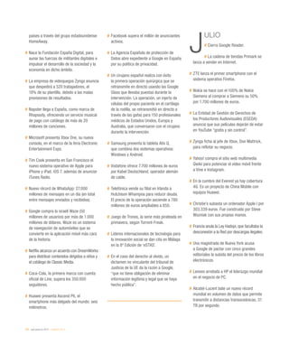 230 / qué pasó en 2013 / eEspaña 2014
	 países a través del grupo estadounidense
HomeAway.
#	Nace la Fundación España Digital, para
aunar las fuerzas de militantes digitales e
impulsar el desarrollo de la sociedad y la
economía en dicho ámbito.
#	La empresa de videojuegos Zynga anuncia
que despedirá a 520 trabajadores, el
18% de su plantilla, debido a las malas
previsiones de resultados.
#	Napster llega a España, como marca de
Rhapsody, ofreciendo un servicio musical
de pago con catálogo de más de 20
millones de canciones.
#	Microsoft presenta Xbox One, su nueva
consola, en el marco de la feria Electronic
Entertainment Expo.
#	Tim Cook presenta en San Francisco el
nuevo sistema operativo de Apple para
iPhone y iPad, iOS 7, además de anunciar
iTunes Radio.
#	Nuevo récord de WhatsApp: 27.000
millones de mensajes en un día (en total
entre mensajes enviados y recibidos).
#	Google compra la israelí Waze (50
millones de usuarios) por más de 1.000
millones de dólares. Waze es un sistema
de navegación de automóviles que se
convierte en la aplicación móvil más cara
de la historia.
#	Netflix alcanza un acuerdo con DreamWorks
para distribuir contenidos dirigidos a niños y
el catálogo de Classic Media.
#	Coca-Cola, la primera marca con cuenta
oficial de Line, supera los 350.000
seguidores.
#	Huawei presenta Ascend P6, el
smartphone más delgado del mundo: seis
milímetros.
#	Facebook supera el millón de anunciantes
activos.
#	La Agencia Española de protección de
Datos abre expediente a Google en España
por su política de privacidad.
#	Un cirujano español realiza con éxito
la primera operación quirúrgica que se
retransmite en directo usando las Google
Glass que llevaba puestas durante la
intervención. La operación, un injerto de
células del propio paciente en el cartílago
de la rodilla, se retransmitió en directo a
través de las gafas para 150 profesionales
médicos de Estados Unidos, Europa y
Australia, que conversaron con el cirujano
durante la intervención.
#	Samsung presenta la tableta Ativ Q,
que combina dos sistemas operativos:
Windows y Android.
#	Vodafone ofrece 7.700 millones de euros
por Kabel Deutschland, operador alemán
de cable.
#	Telefónica vende su filial en Irlanda a
Hutchison Whampoa para reducir deuda.
El precio de la operación asciende a 780
millones de euros ampliables a 850.
#	Juego de Tronos, la serie más pirateada en
primavera, según Torrent-Freak.
#	Líderes internacionales de tecnología para
la innovación social se dan cita en Málaga
en la 8ª Edición de ‘eSTAS’.
#	En el caso del derecho al olvido, un
dictamen no vinculante del tribunal de
Justicia de la UE da la razón a Google,
“que no tiene obligación de eliminar
información legítima y legal que se haya
hecho pública”.
J
ULIO
# Cierra Google Reader.
# La cadena de tiendas Primark se
lanza a vender en Internet.
#	ZTE lanza el primer smartphone con el
sistema operativo Firefox.
#	Nokia se hace con el 100% de Nokia
Siemens al comprar a Siemens su 50%
por 1.700 millones de euros.
#	La Entidad de Gestión de Derechos de
los Productores Audiovisuales (EGEDA)
anuncia que sus películas dejarán de estar
en YouTube “gratis y sin control”.
#	Zynga ficha al jefe de Xbox, Don Mattrick,
para reflotar su negocio.
#	Yahoo! compra el sitio web multimedia
Qwiki para potenciar el vídeo móvil frente
a Vine e Instagram.
#	En la cumbre del Everest ya hay cobertura
4G. Es un proyecto de China Mobile con
equipos Huawei.
#	Christie’s subasta un ordenador Apple I por
303.339 euros. Fue construido por Steve
Wozniak con sus propias manos.
#	Francia anula la Ley Hadopi, que facultaba la
desconexión a la Red por descargas ilegales.
#	Una magistrada de Nueva York acusa
a Google de pactar con cinco grandes
editoriales la subida del precio de los libros
electrónicos.
#	Lenovo arrebata a HP el liderazgo mundial
en el negocio de PC.
#	Alcatel-Lucent bate un nuevo récord
mundial en volumen de datos que permite
transmitir a distancias transoceánicas, 31
TB por segundo.
 