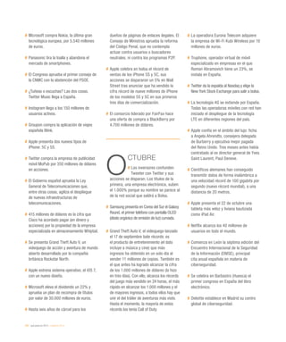 232 / qué pasó en 2013 / eEspaña 2014
#	Microsoft compra Nokia, la última gran
tecnológica europea, por 5.540 millones
de euros.
#	Panasonic tira la toalla y abandona el
mercado de smartphones.
#	El Congreso aprueba el primer consejo de
la CNMC con la abstención del PSOE.
#	¿Tuiteas o escuchas? Las dos cosas.
Twitter Music llega a España.
#	Instagram llega a los 150 millones de
usuarios activos.
#	Groupon compra la aplicación de viajes
española Blink.
#	Apple presenta dos nuevos tipos de
iPhone: 5C y 5S.
#	Twitter compra la empresa de publicidad
móvil MoPub por 350 millones de dólares
en acciones.
#	El Gobierno español aprueba la Ley
General de Telecomunicaciones que,
entre otras cosas, agiliza el despliegue
de nuevas infraestructuras de
telecomunicaciones.
#	415 millones de dólares es la cifra que
Cisco ha acordado pagar (en dinero y
acciones) por la propiedad de la empresa
especializada en almacenamiento Whiptail.
#	Se presenta Grand Theft Auto V, un
videojuego de acción y aventura de mundo
abierto desarrollado por la compañía
británica Rockstar North.
#	Apple estrena sistema operativo, el iOS 7,
con un nuevo diseño.
#	Microsoft eleva el dividendo un 22% y
aprueba un plan de recompra de títulos
por valor de 30.000 millones de euros.
#	Hasta seis años de cárcel para los
dueños de páginas de enlaces ilegales. El
Consejo de Ministros aprueba la reforma
del Código Penal, que no contempla
actuar contra usuarios o buscadores
neutrales, ni contra los programas P2P.
#	Apple celebra en bolsa el récord de
ventas de los iPhone 5S y 5C, sus
acciones se dispararon un 5% en Wall
Street tras anunciar que ha vendido la
cifra récord de nueve millones de iPhone
de los modelos 5S y 5C en sus primeros
tres días de comercialización.
#	El consorcio liderado por FairFax hace
una oferta de compra a BlackBerry por
4.700 millones de dólares.
O
CTUBRE
# Los inversores confunden
Tweeter con Twitter y sus
acciones se disparan. Los títulos de la
primera, una empresa electrónica, suben
el 1.000% porque su nombre se parece al
de la red social que saldrá a Bolsa.
#	Samsung presenta en Corea del Sur el Galaxy
Round, el primer teléfono con pantalla OLED
(diodo orgánico de emisión de luz) curvada.
#	Grand Theft Auto V, el videojuego lanzado
el 17 de septiembre bate récords: es
el producto de entretenimiento (el dato
incluye a música y cine) que más
ingresos ha obtenido en un solo día al
vender 11 millones de copias. También es
el que antes ha logrado alcanzar la cifra
de los 1.000 millones de dólares (lo hizo
en tres días). Con ello, alcanza los récords
del juego más vendido en 24 horas, el más
rápido en alcanzar los 1.000 millones y el
de mayores ingresos, a todos ellos hay que
unir el del tráiler de aventuras más visto.
Hasta el momento, la mayoría de estos
récords los tenía Call of Duty.
#	La operadora Eurona Telecom adquiere
la empresa de Wi-Fi Kubi Wireless por 10
millones de euros.
#	Truphone, operador virtual de móvil
especializado en empresas en el que
Roman Abramovich tiene un 23%, se
instala en España.
#	Twitter da la espalda al Nasdaq y elige la
New York Stock Exchange para salir a bolsa.
#	La tecnología 4G se extiende por España.
Todas las operadoras móviles con red han
iniciado el despliegue de la tecnología
LTE en diferentes regiones del país.
#	Apple confía en el ámbito del lujo: ficha
a Angela Ahrendts, consejera delegada
de Burberry y ejecutiva mejor pagada
del Reino Unido. Tres meses antes había
contratado al ex director general de Yves
Saint Laurent, Paul Deneve.
#	Científicos alemanes han conseguido
transmitir datos de forma inalámbrica a
una velocidad récord de 100 gigabits por
segundo (nuevo récord mundial), a una
distancia de 20 metros.
#	Apple presenta el 22 de octubre una
tableta más veloz y liviana bautizada
como iPad Air.
#	Netflix alcanza los 40 millones de
usuarios en todo el mundo.
#	Comienza en León la séptima edición del
Encuentro Internacional de la Seguridad
de la Información (ENISE), principal
cita anual española en materia de
ciberseguridad.
#	Se celebra en Barbastro (Huesca) el
primer congreso en España del libro
electrónico.
#	Deloitte establece en Madrid su centro
global de ciberseguridad.
 