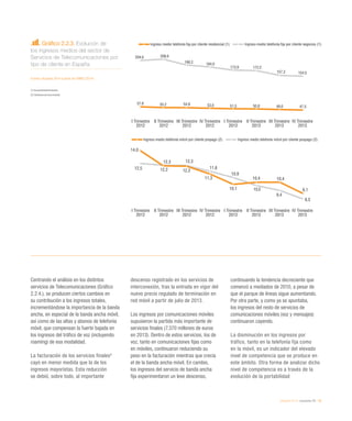 eEspaña 2014 / economía TIC / 29
Centrando el análisis en los distintos
servicios de Telecomunicaciones (Gráfico
2.2.4.), se producen ciertos cambios en
su contribución a los ingresos totales,
incrementándose la importancia de la banda
ancha, en especial de la banda ancha móvil,
así como de las altas y abonos de telefonía
móvil, que compensan la fuerte bajada en
los ingresos del tráfico de voz (incluyendo
roaming) de esa modalidad.
La facturación de los servicios finales6
cayó en menor medida que la de los
ingresos mayoristas. Esta reducción
se debió, sobre todo, al importante
descenso registrado en los servicios de
interconexión, tras la entrada en vigor del
nuevo precio regulado de terminación en
red móvil a partir de julio de 2013.
Los ingresos por comunicaciones móviles
supusieron la partida más importante de
servicios finales (7.370 millones de euros
en 2013). Dentro de estos servicios, los de
voz, tanto en comunicaciones fijas como
en móviles, continuaron reduciendo su
peso en la facturación mientras que crecía
el de la banda ancha móvil. En cambio,
los ingresos del servicio de banda ancha
fija experimentaron un leve descenso,
continuando la tendencia decreciente que
comenzó a mediados de 2010, a pesar de
que el parque de líneas sigue aumentando.
Por otra parte, y como ya se apuntaba,
los ingresos del resto de servicios de
comunicaciones móviles (voz y mensajes)
continuaron cayendo.
La disminución en los ingresos por
tráfico, tanto en la telefonía fija como
en la móvil, es un indicador del elevado
nivel de competencia que se produce en
este ámbito. Otra forma de analizar dicho
nivel de competencia es a través de la
evolución de la portabilidad
Gráfico 2.2.3. Evolución de
los ingresos medios del sector de
Servicios de Telecomunicaciones por
tipo de cliente en España
Fuente: eEspaña 2014 a partir de CNMC (2014)
(1)	 Euros/cliente/trimestre
(2) Céntimos de euro/minuto
Ingreso medio telefonía fija por cliente residencial (1) Ingreso medio telefonía fija por cliente negocios (1)
I Trimestre
2012
I Trimestre
2013
II Trimestre
2013
III Trimestre
2013
IV Trimestre
2013
II Trimestre
2012
III Trimestre
2012
IV Trimestre
2012
57,6 55,2 54,8 53,0 51,5 50,8 49,0 47,5
204,6 208,6
190,2 184,0
173,9 172,2
157,3 154,5
Ingreso medio telefonía móvil por cliente prepago (2) Ingreso medio telefonía móvil por cliente pospago (2)
I Trimestre
2012
I Trimestre
2013
II Trimestre
2013
III Trimestre
2013
IV Trimestre
2013
II Trimestre
2012
III Trimestre
2012
IV Trimestre
2012
14,0
12,2 12,2
11,3
10,1
10,4 10,4
9,1
12,5
12,3 12,3
11,6
10,9
10,0
9,4
8,5
 
