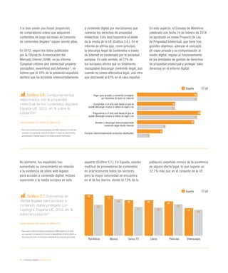 54 / contenidos digitales / eEspaña 2014
Y si bien existe una mayor proporción
de compradores online que adquieren
contenidos de pago las tasas de consumo
de contenidos ilegales4
siguen siendo altas.
En 2013, según los datos publicados
por la Oficina de Armonización del
Mercado Interior, OAMI, en su informe
European citizens and intellectual property:
perception, awareness and behaviour 5
, se
estima que el 18% de la población española
declara que ha accedido intencionadamente
a contenido digital por mecanismos que
vulneran los derechos de propiedad
intelectual. Esta tasa supondría el doble
de la media de la UE (Gráfico 3.6.). En el
informe se afirma que, como principio,
la descarga ilegal de contenidos a través
de Internet es condenada por la sociedad
europea. En este sentido, el 72% de
los europeos afirma que es totalmente
inaceptable descargar contenido ilegal, aun
cuando no exista alternativa legal, una cifra
que desciende al 61% en el caso español.
En este aspecto, el Consejo de Ministros
celebrado con fecha 14 de febrero de 2014
ha aprobado un nuevo Proyecto de Ley
de Propiedad Intelectual, que tiene tres
grandes objetivos: adecuar el concepto
de copia privada y su compensación al
medio digital, regular el funcionamiento
de las entidades de gestión de derechos
de propiedad intelectual y proteger tales
derechos en el entorno digital.
Gráfico 3.6. Comportamientos
relacionados con la propiedad
intelectual de los contenidos digitales.
España-UE, 2013, en % sobre la
población*
Fuente: eEspaña 2014 a partir de OAMI (2013)
*	 Datos sobre el total de personas encuestadas por OAMI (mayores de 15 años) que
responden a la pregunta de si durante los últimos 12 meses han experimentado
personalmente o realizado alguno de los comportamientos mencionados
Gráfico 3.7. Conciencia de
ofertas legales para acceder a
contenido digital protegido con
copyright. España-UE, 2013, en %
sobre la población*
Fuente: eEspaña 2014 a partir de OAMI (2013)
*	 Datos sobre el total de personas encuestadas por OAMI (mayores de 15 años)
que responden a la pregunta de si conocen la disponibilidad de ofertas legales en
Internet para el acceso vía streaming o descarga de los productos mencionados
No obstante, los españoles han
aumentado su conocimiento en relación
a la existencia de sitios web legales
para acceder a contenido digital, incluso
superando a la media europea en este
aspecto (Gráfico 3.7.). En España, existen
multitud de proveedores de contenidos
en prácticamente todos los sectores,
pero la mayor notoriedad se encuentra
en el de los diarios, donde el 73% de la
población española conoce de la existencia
de alguna oferta legal, lo que supone un
32,7% más que en el conjunto de la UE.
España UE
Pagar para acceder a contenido protegido
por derechos de autor en Internet
Comprobar si el sitio web desde el que se
puede descargar música o vídeos es legal o no
Preguntarse si el sitio web desde el que se
puede descargar música o vídeos es legal o no
Acceder o descargar intencionadamente
contenido ilegal desde Internet
Comprar intencionadamente productos falsificados
19
12
20
18
8
19
12
19
9
4
España UE
Periódicos Música Series TV Libros Películas Videojuegos
73
71
63 63
61
49
55
65
51 50
56
46
 